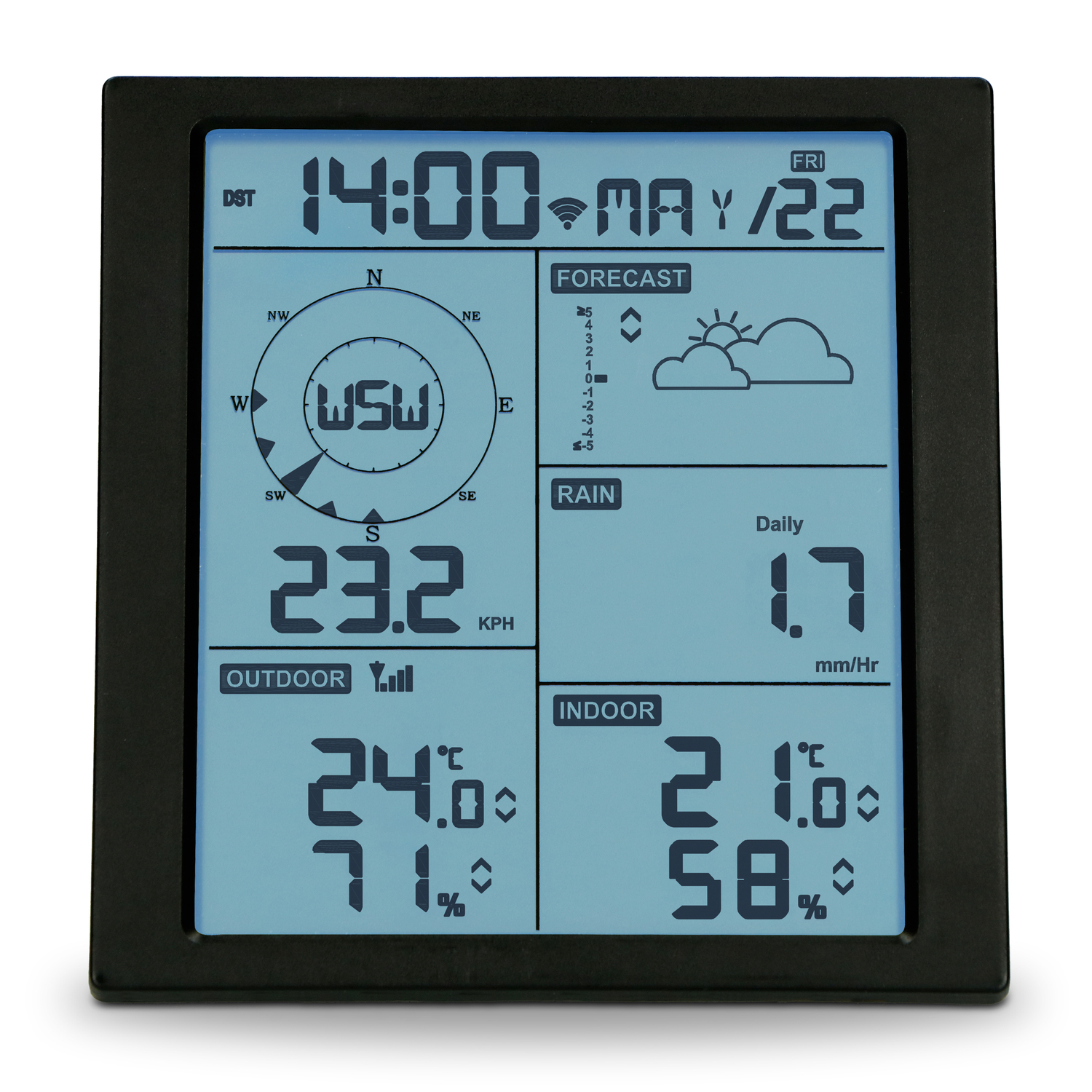 A digital weather station shows the time, date, and weather details.