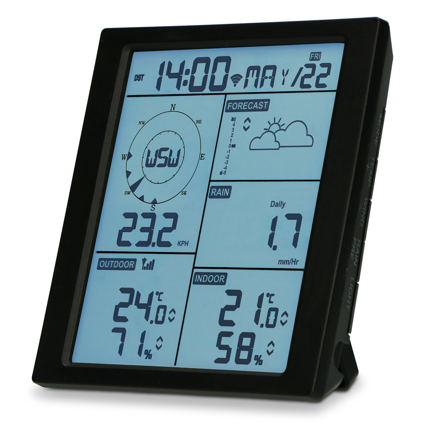 Digital weather station displaying time, forecast, wind speed, rain, and temperature.