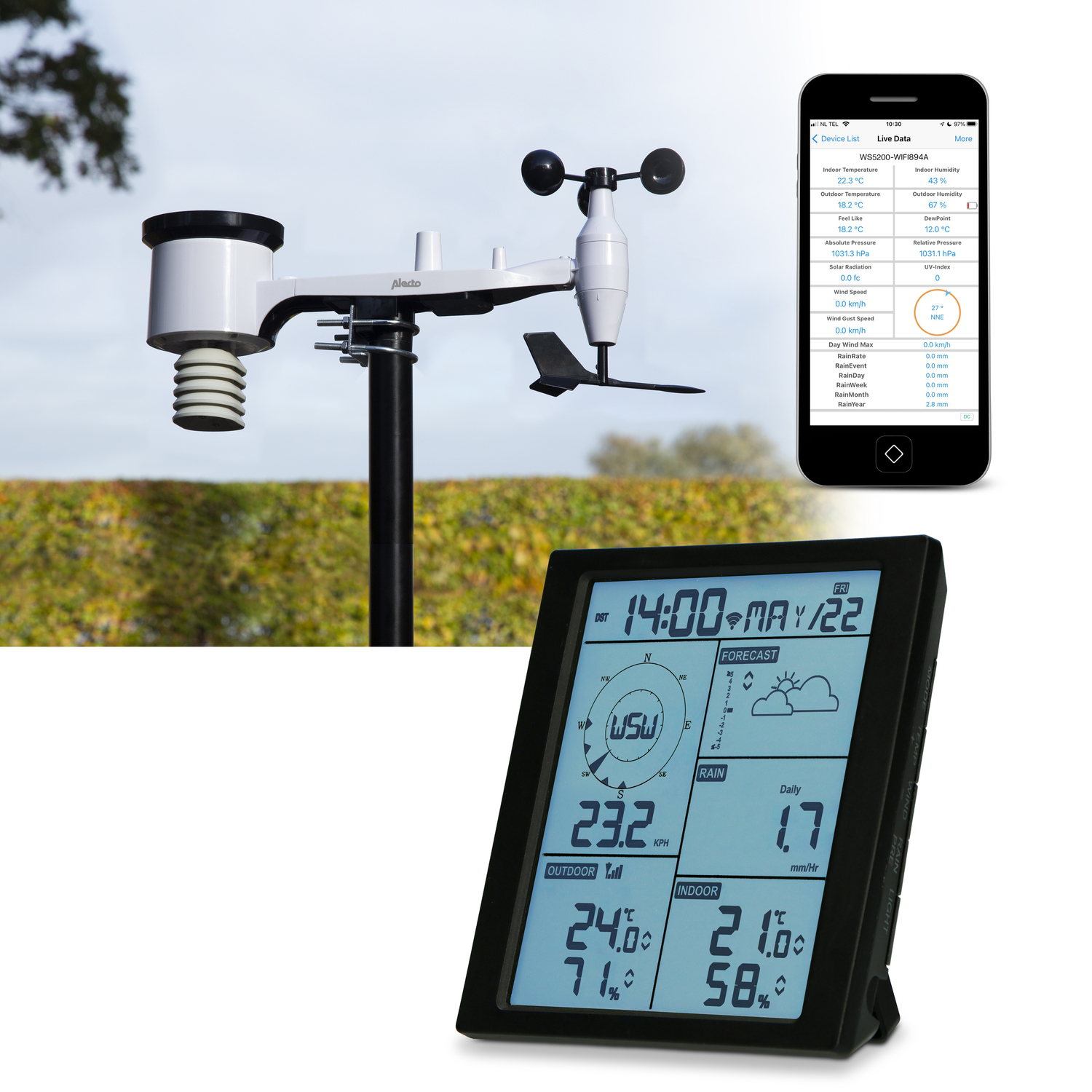 Weather station with a display and a separate sensor unit.