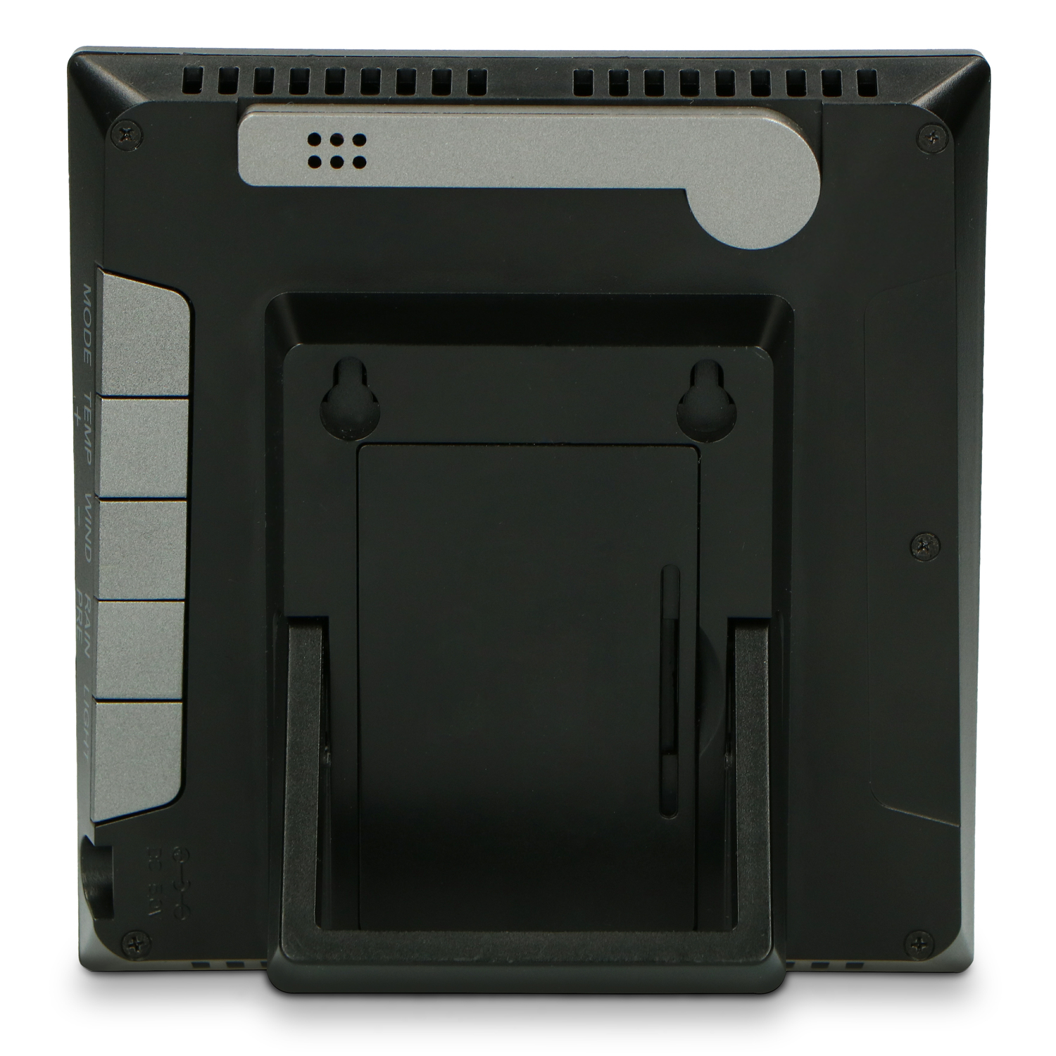 Back of a black weather station with buttons and a stand.