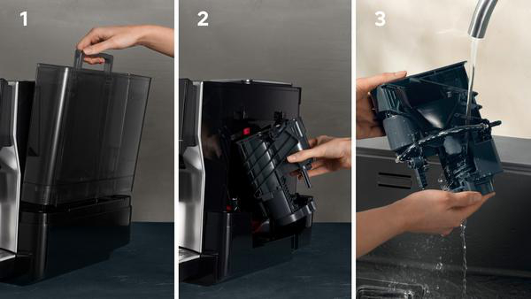Drei Bilder mit Schritten zur Reinigung des Wasserbehälters und der Brühgruppe.