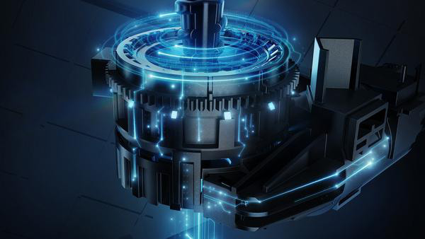 Nahaufnahme eines dunklen, futuristischen mechanischen Zahnrads mit blauen Lichtspuren.