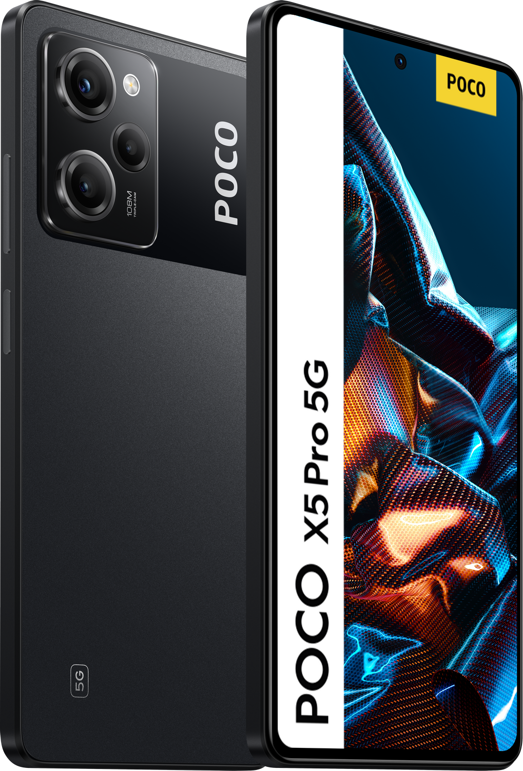 Un teléfono negro Poco X5 Pro 5G, que muestra la parte trasera y delantera con una raya blanca.