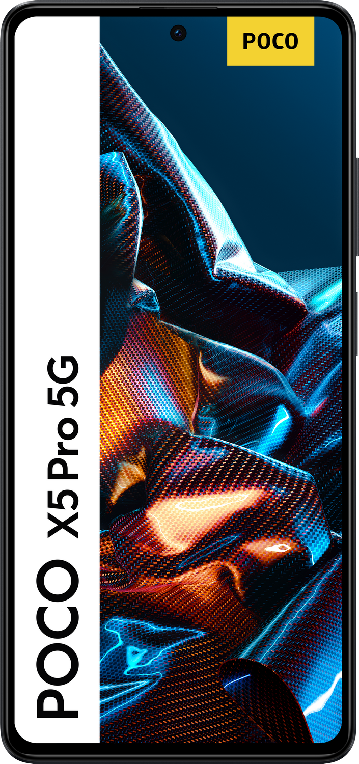 Teléfono POCO X5 Pro 5G, negro, con fondo abstracto colorido.