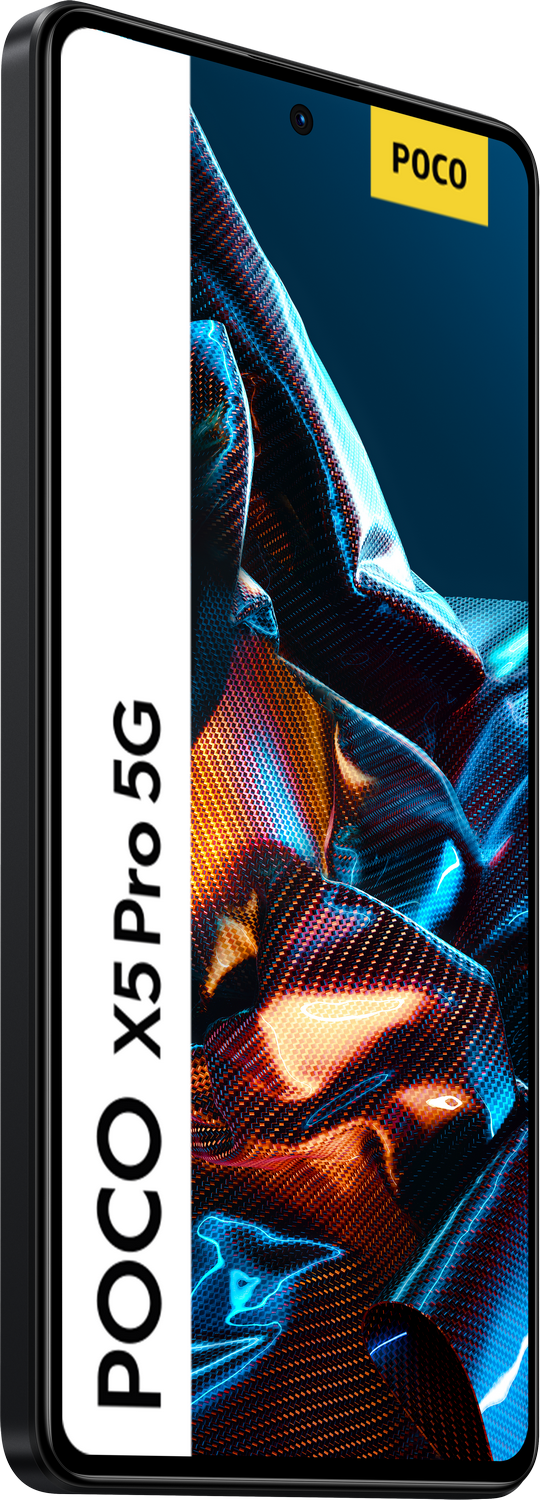 Teléfono negro POCO X5 Pro 5G sobre un fondo azul y negro estampado.