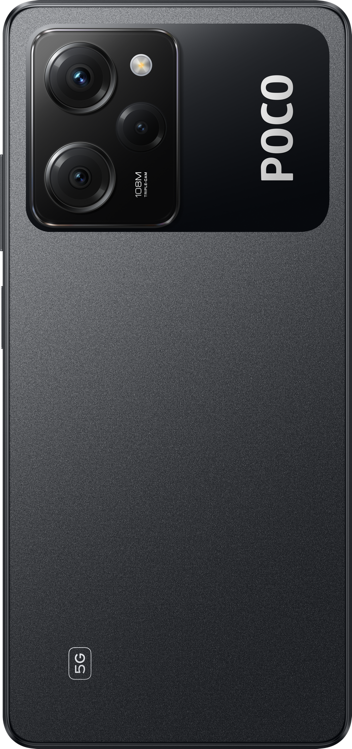 Smartphone negro con cámaras y la palabra POCO escrita en la parte trasera.