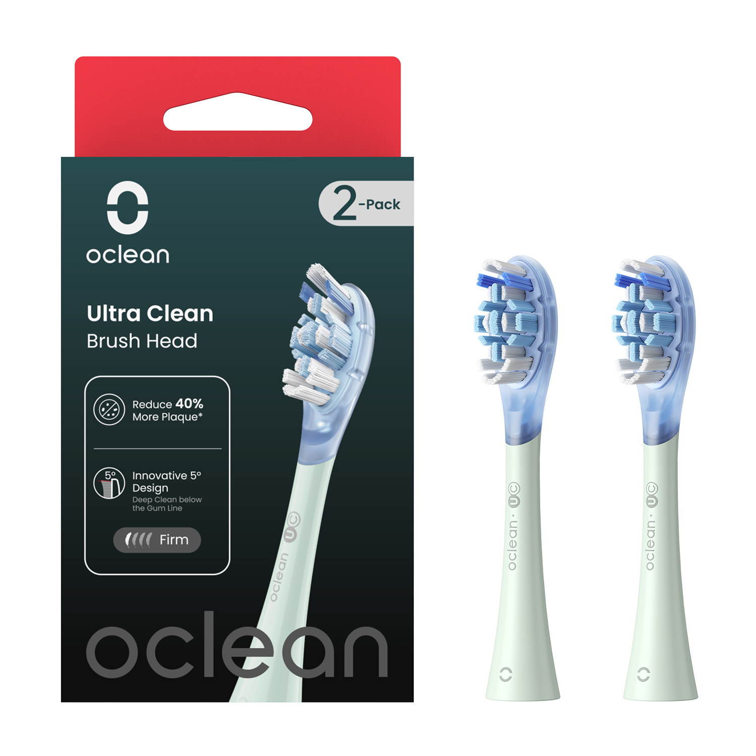 Testine per spazzolino Oclean e confezione. Confezione da 2 con testo e grafica.
