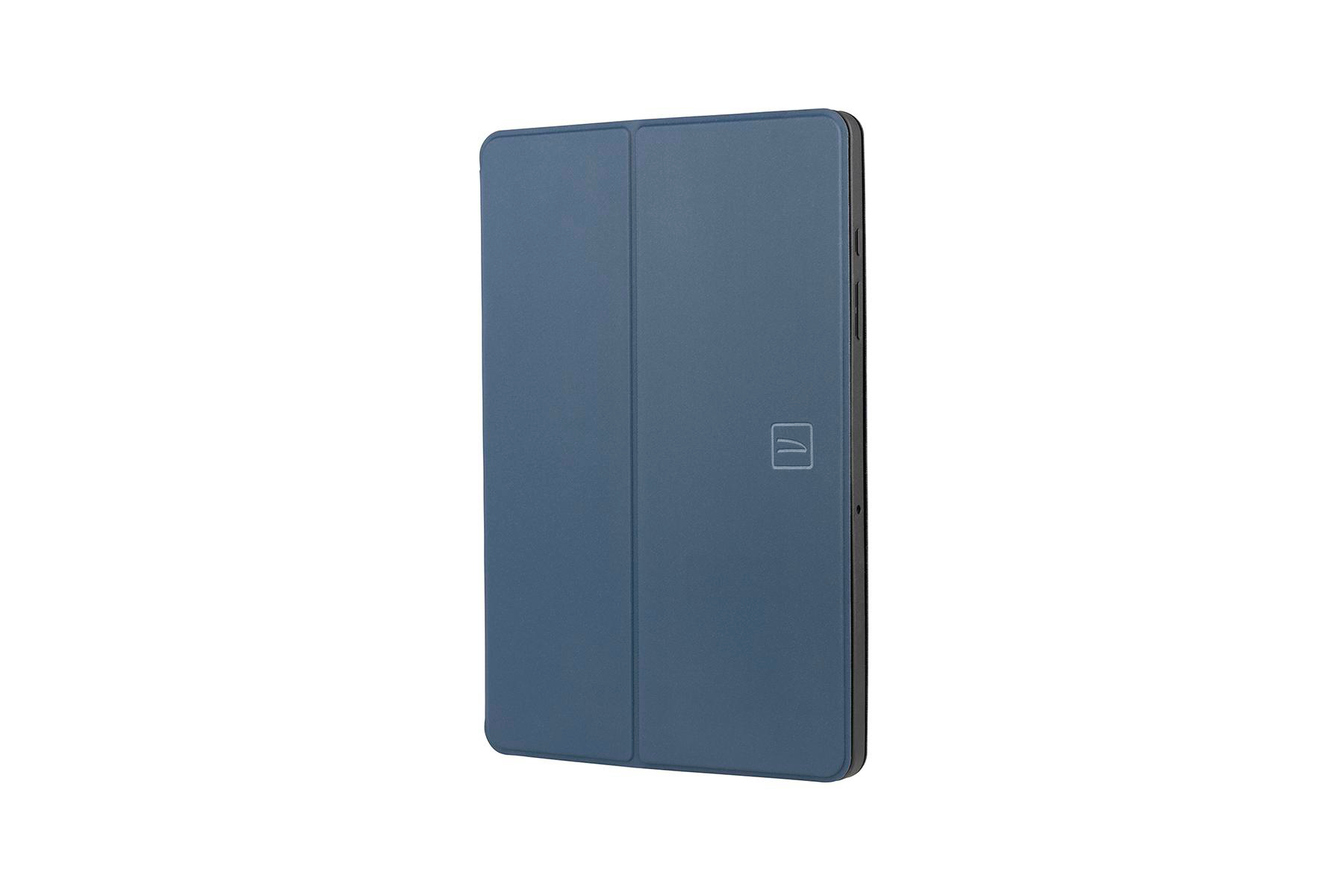 Blaue Tablet-Hülle, geschlossen, mit Logo auf der Vorderseite und schwarzem Rand.