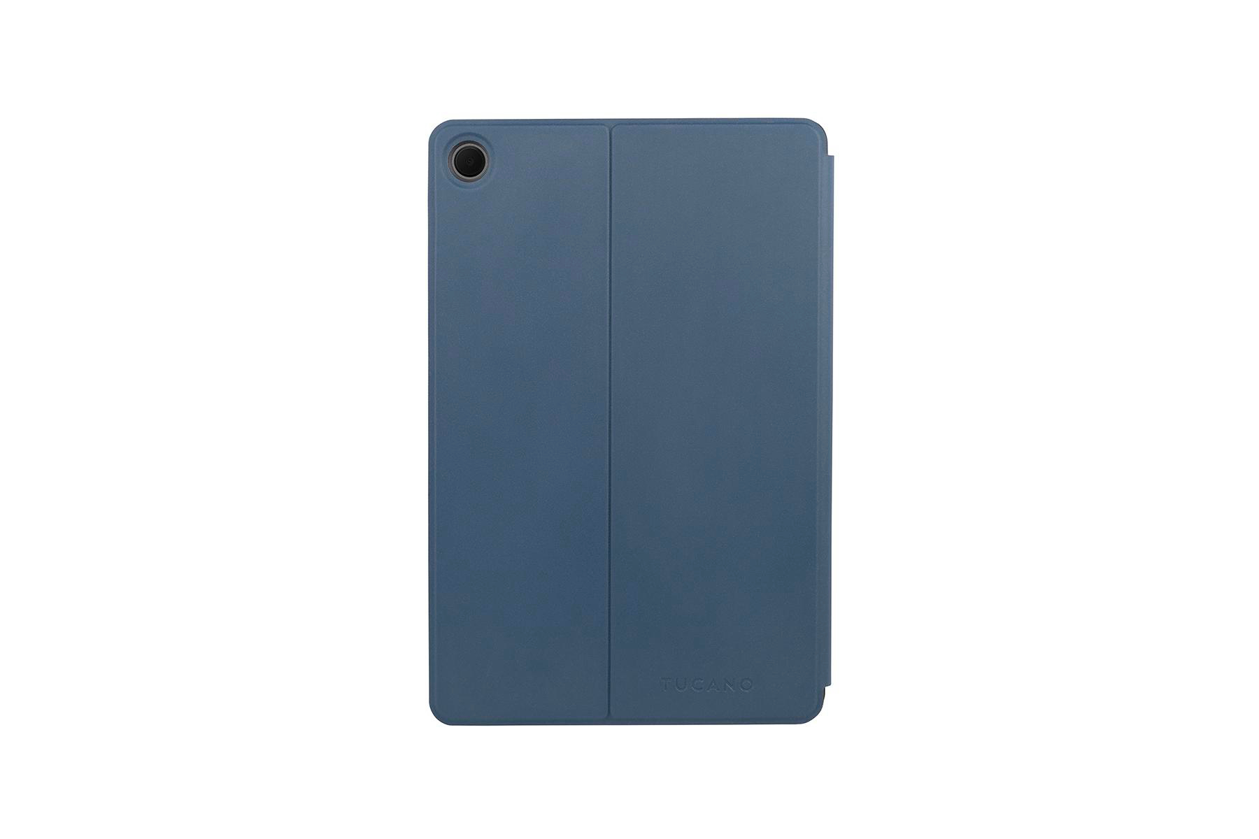 Eine blaue Tablet-Hülle in geschlossenem Zustand.