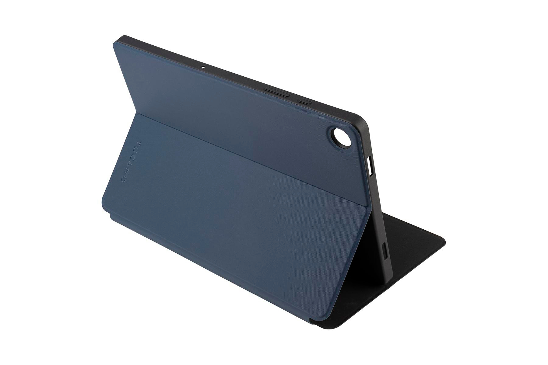 Ein blaues Tablet in einer Hülle, die teilweise geöffnet ist und den Bildschirm und das Innere der Hülle zeigt.