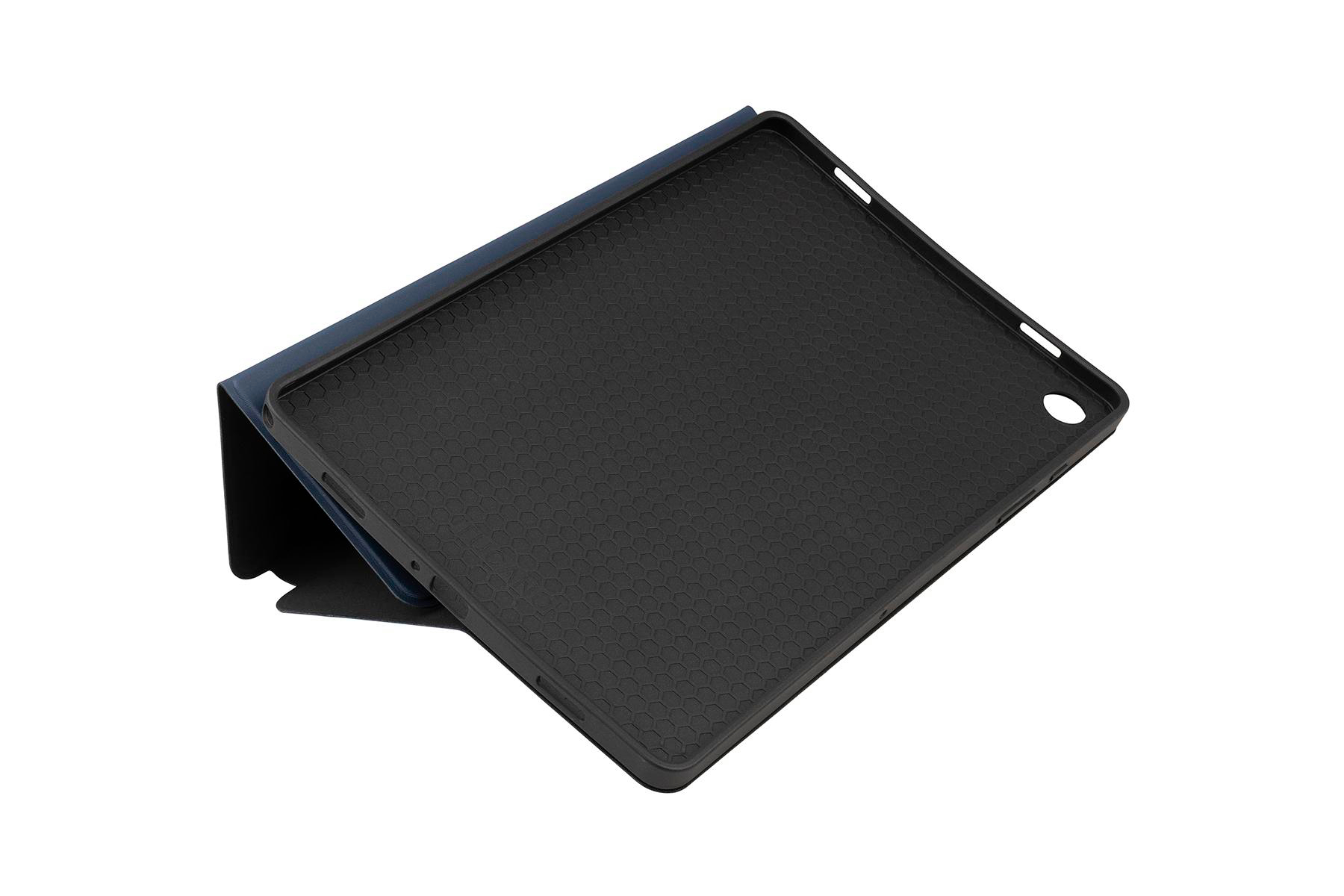 Eine Tablet-Hülle, geöffnet, zeigt die Innenseite mit schwarzer Wabenstruktur.