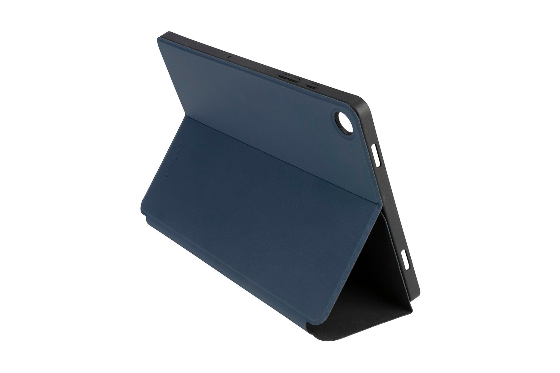 Eine blaue Tablethülle, offen, mit schwarzem Innenraum.