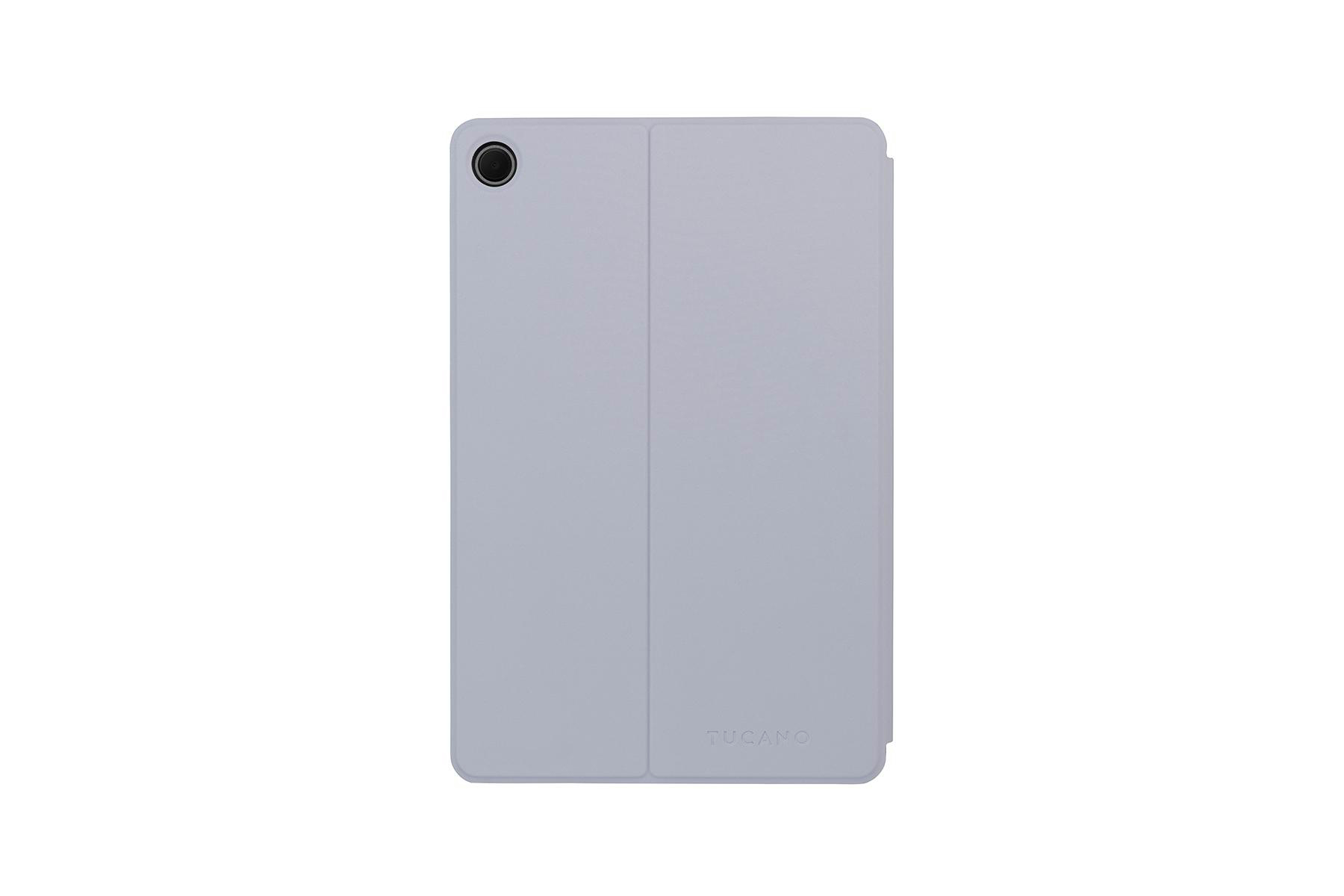Graues Tablet mit geschlossenem Cover. TUCANO-Logo unten.