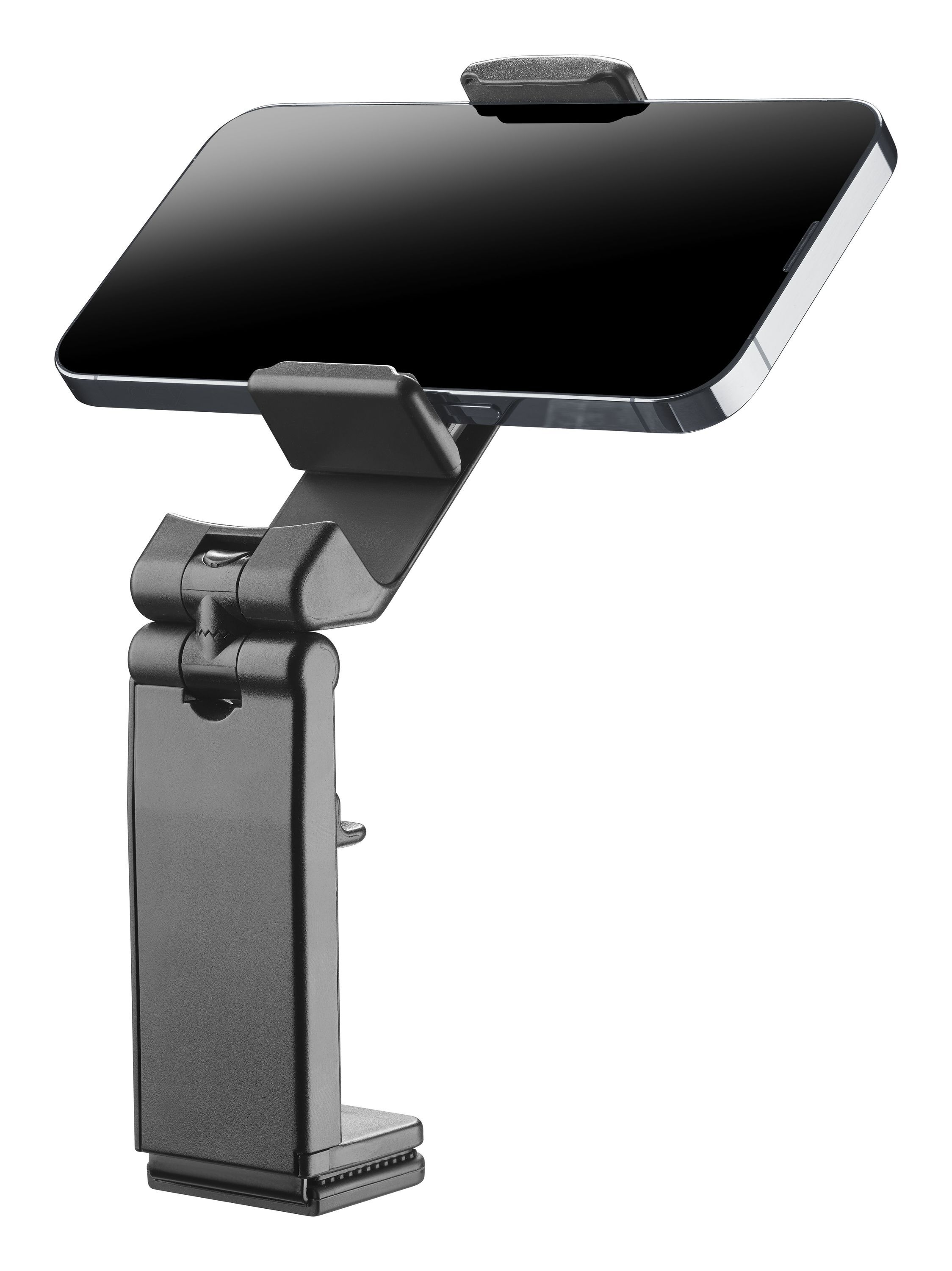 Schwarzer Tablethalter mit schwarzem Tablet. Der Halter ist verstellbar und auf weißem Hintergrund.