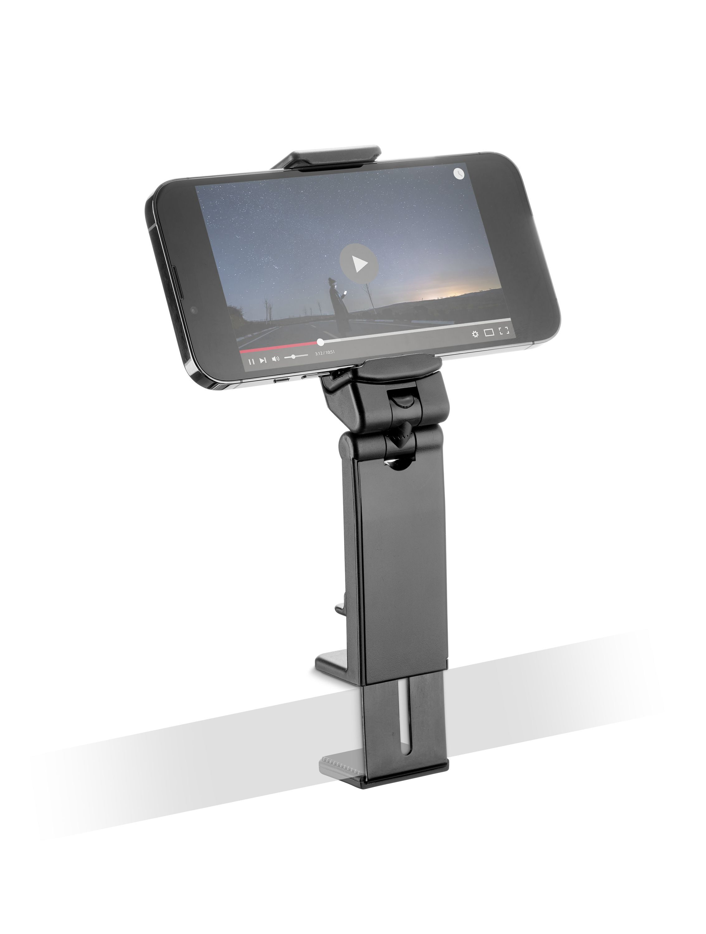 Smartphone auf einem schwarzen Telefonhalter mit einem Video auf dem Bildschirm.