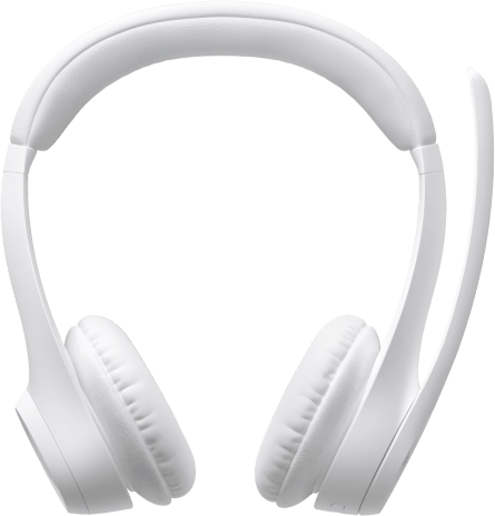Fehér headset mikrofonnal. A fejhallgató ívelt fejpánttal rendelkezik.