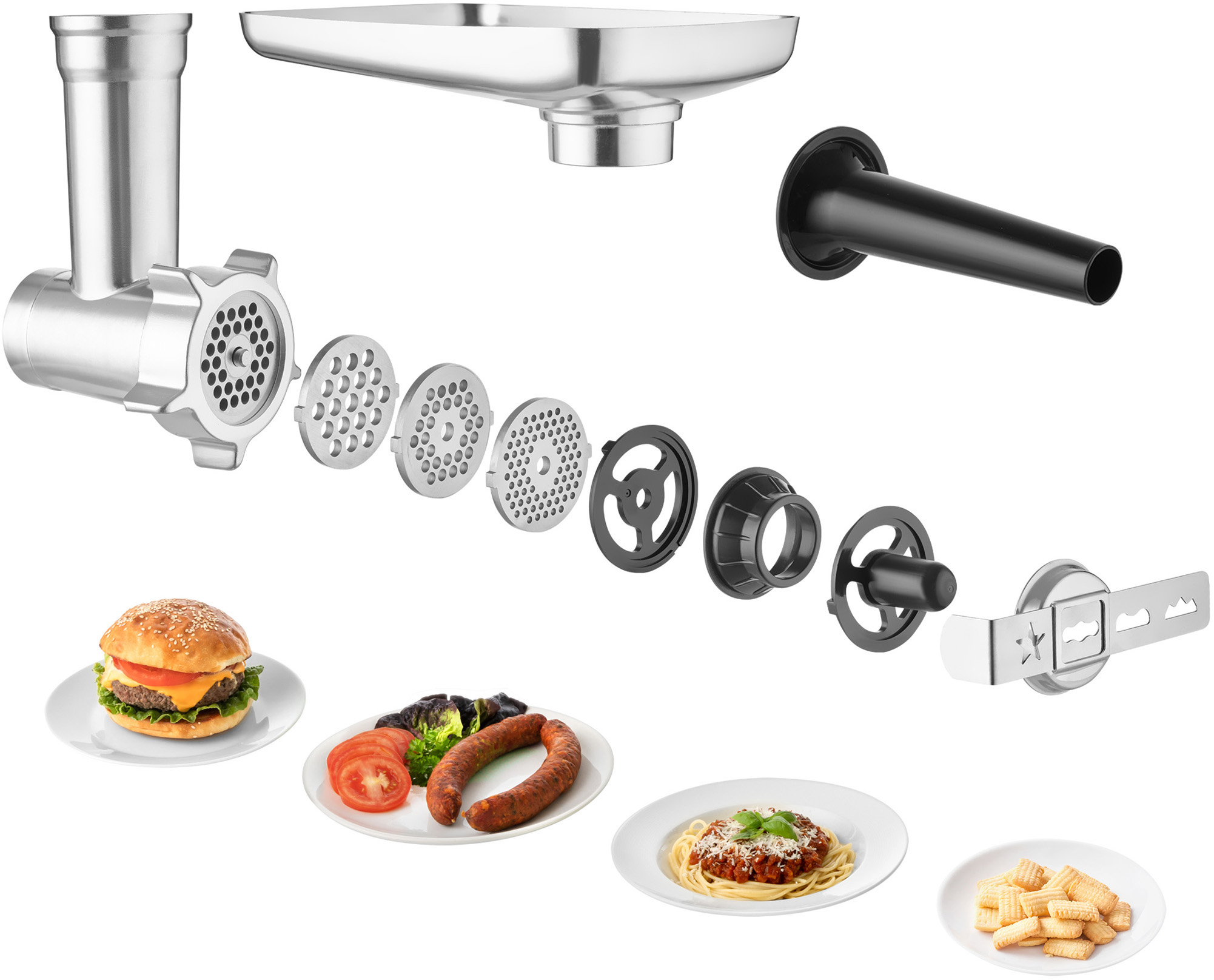 Húsdaráló szétszedett alkatrészekkel, és ételtányérok: burger, kolbász, tészta.