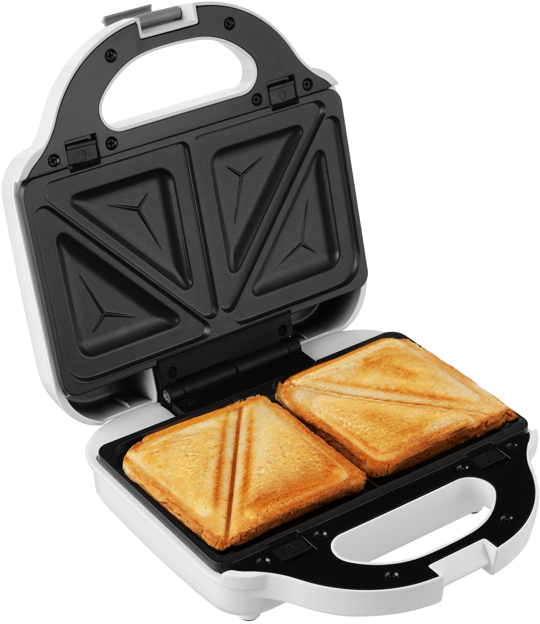 Nyitott fehér szendvicssütő, két pirított szendviccsel, grillnyomokkal.