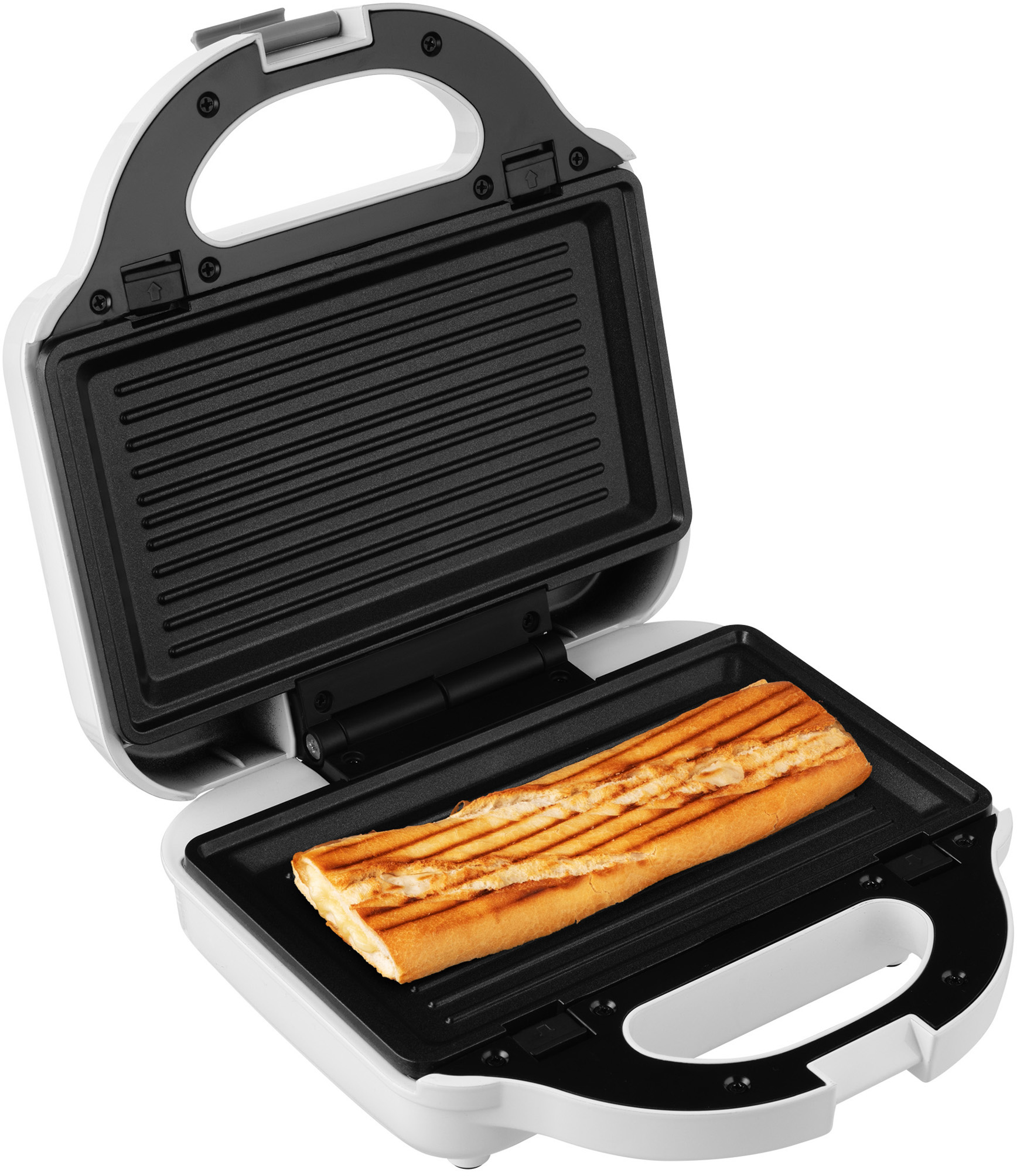 Egy fehér-fekete szendvicssütő nyitva, benne egy pirított bagettel.