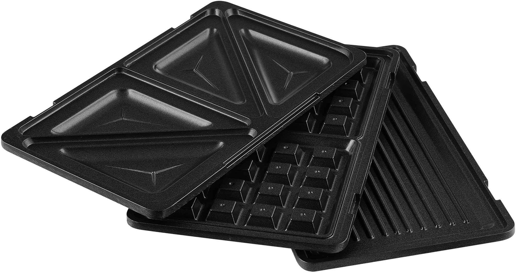 Fekete szendvicssütő lapok. Háromszög, gofri és grill lapok, fehér háttéren.