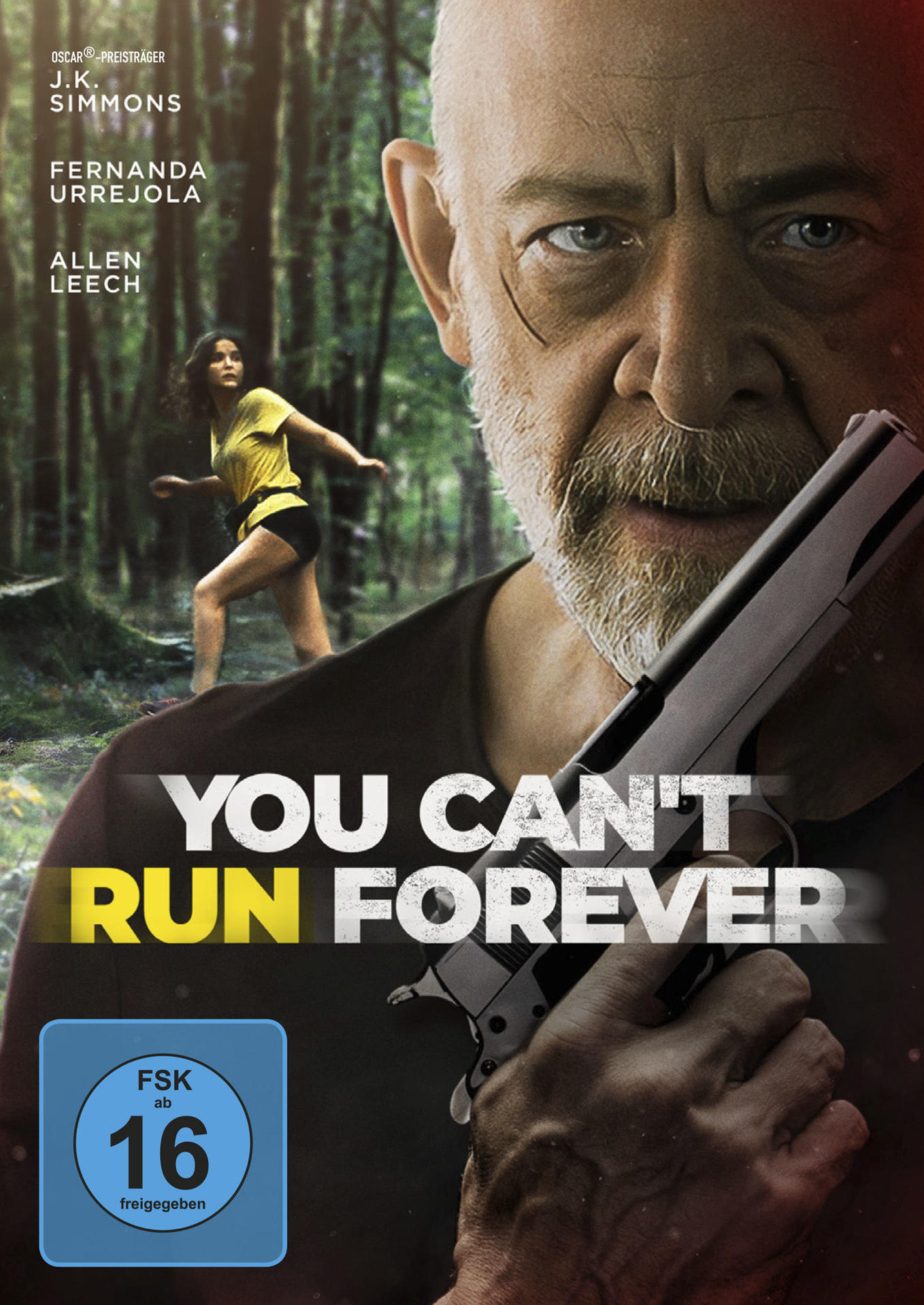 Filmposter 'You Can't Run Forever'. Mann hält Waffe, Frau rennt im Hintergrund.