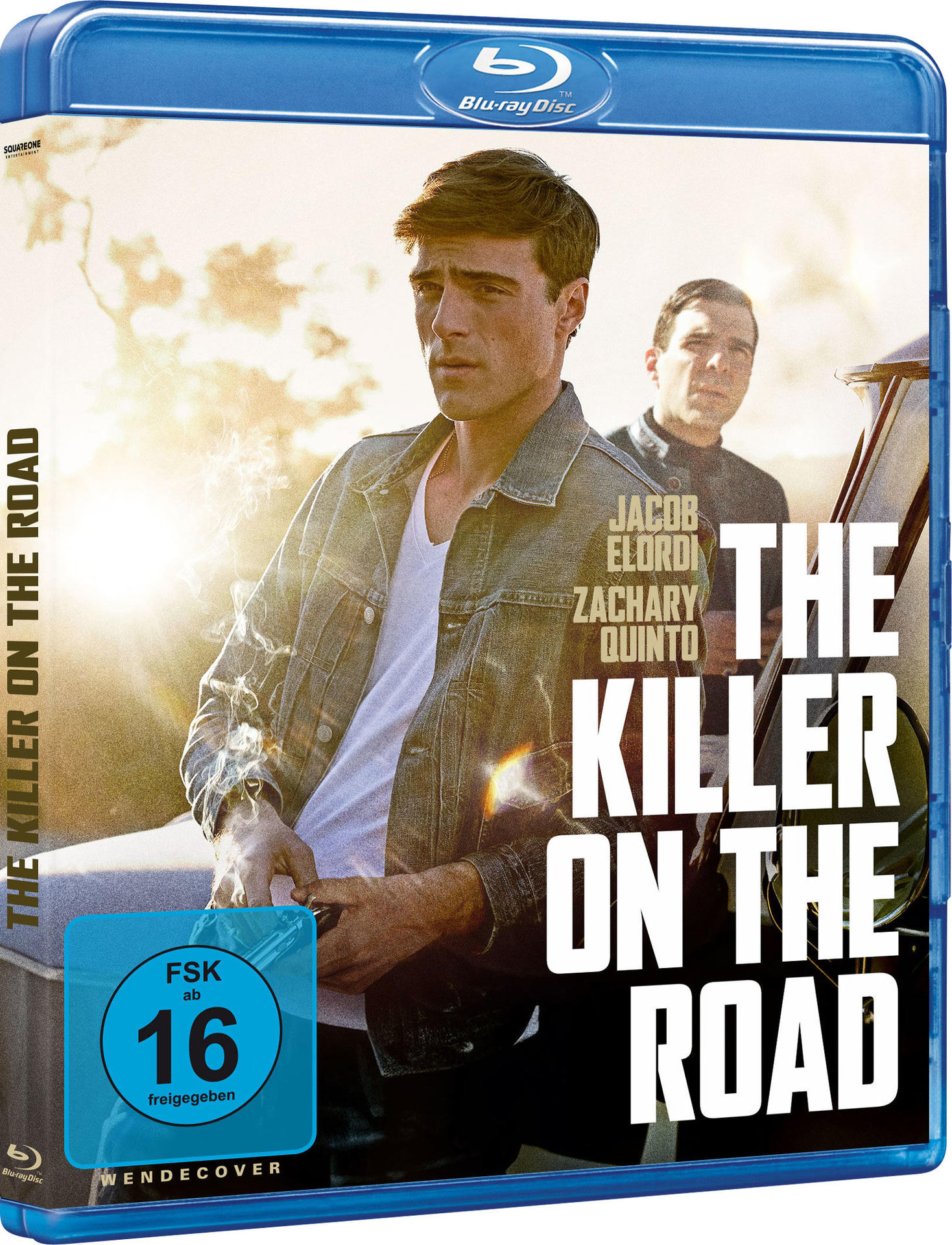 Blu-ray-Disc-Cover für den Film "The Killer on the Road". Zeigt zwei Männer und ein Auto auf einer Straße.