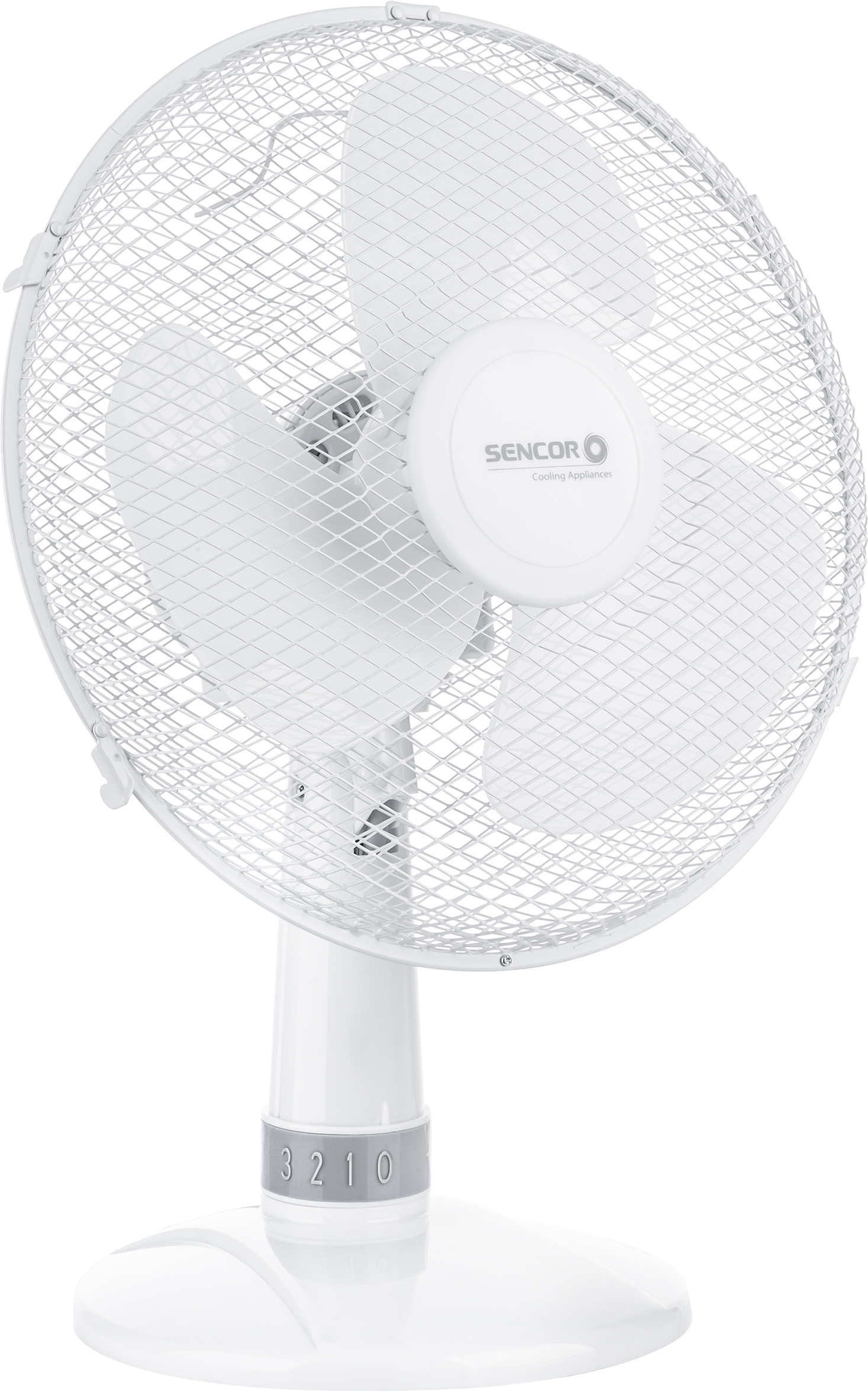 Fehér asztali ventilátor védőráccsal, három lapáttal, beállításokkal.