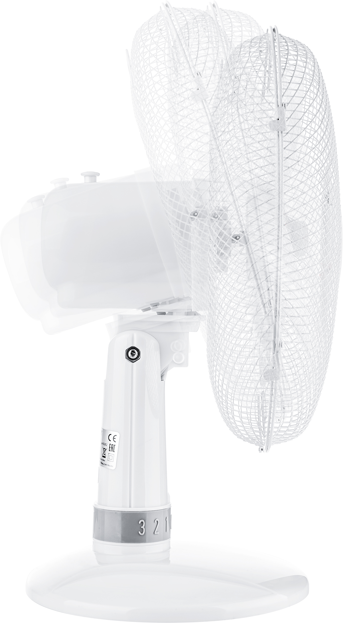 Fehér oszcilláló ventilátor ívelt ráccsal, mozgást mutat. Az alapon 1, 2, 3 sebességbeállítások.