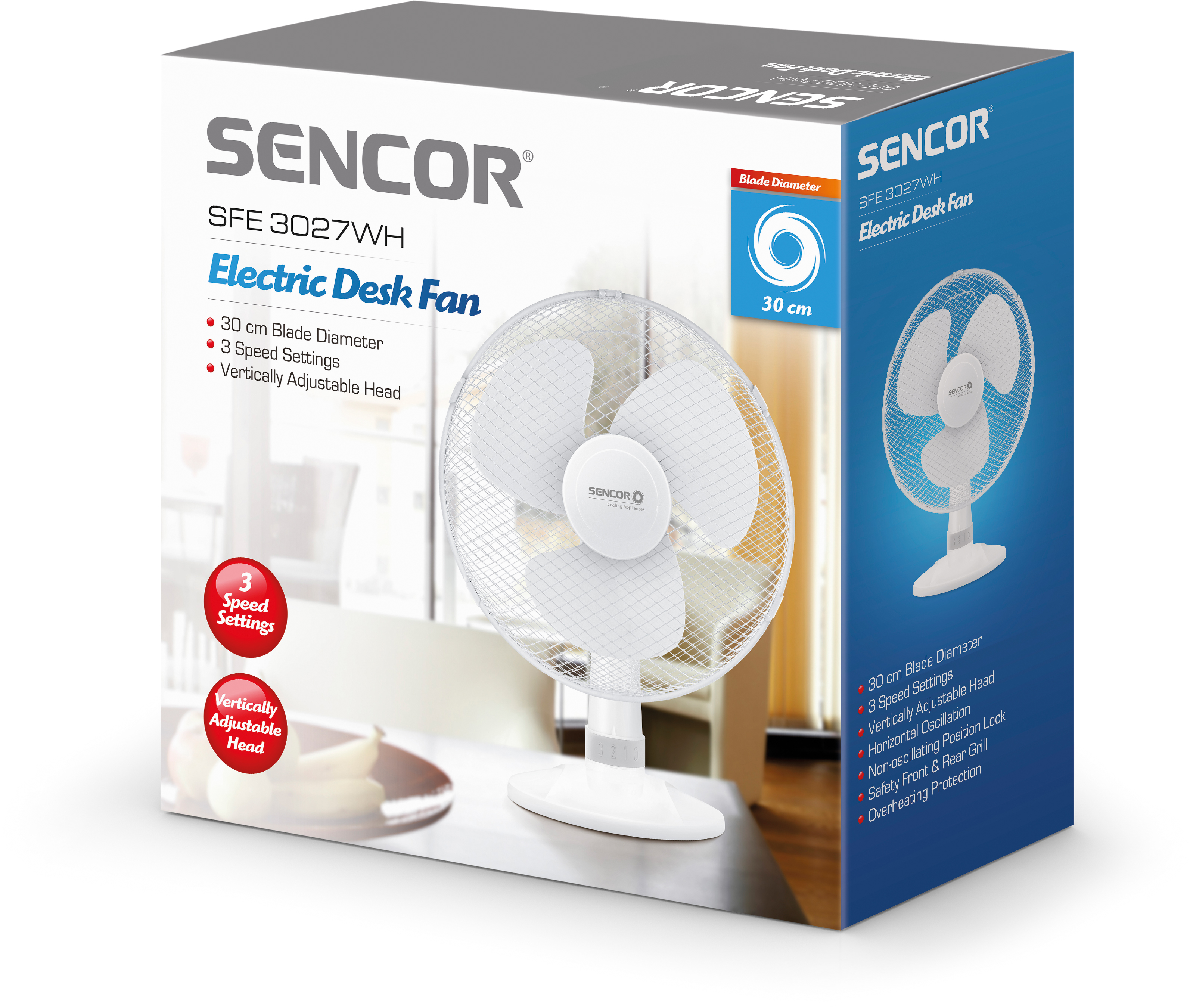 Fehér elektromos asztali ventilátor a dobozában, a ventilátort és annak jellemzőit mutatva.