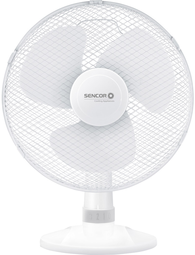 Fehér asztali ventilátor három pengével, fehér fémráccsal védve. Az alapon sebességbeállítások találhatók.