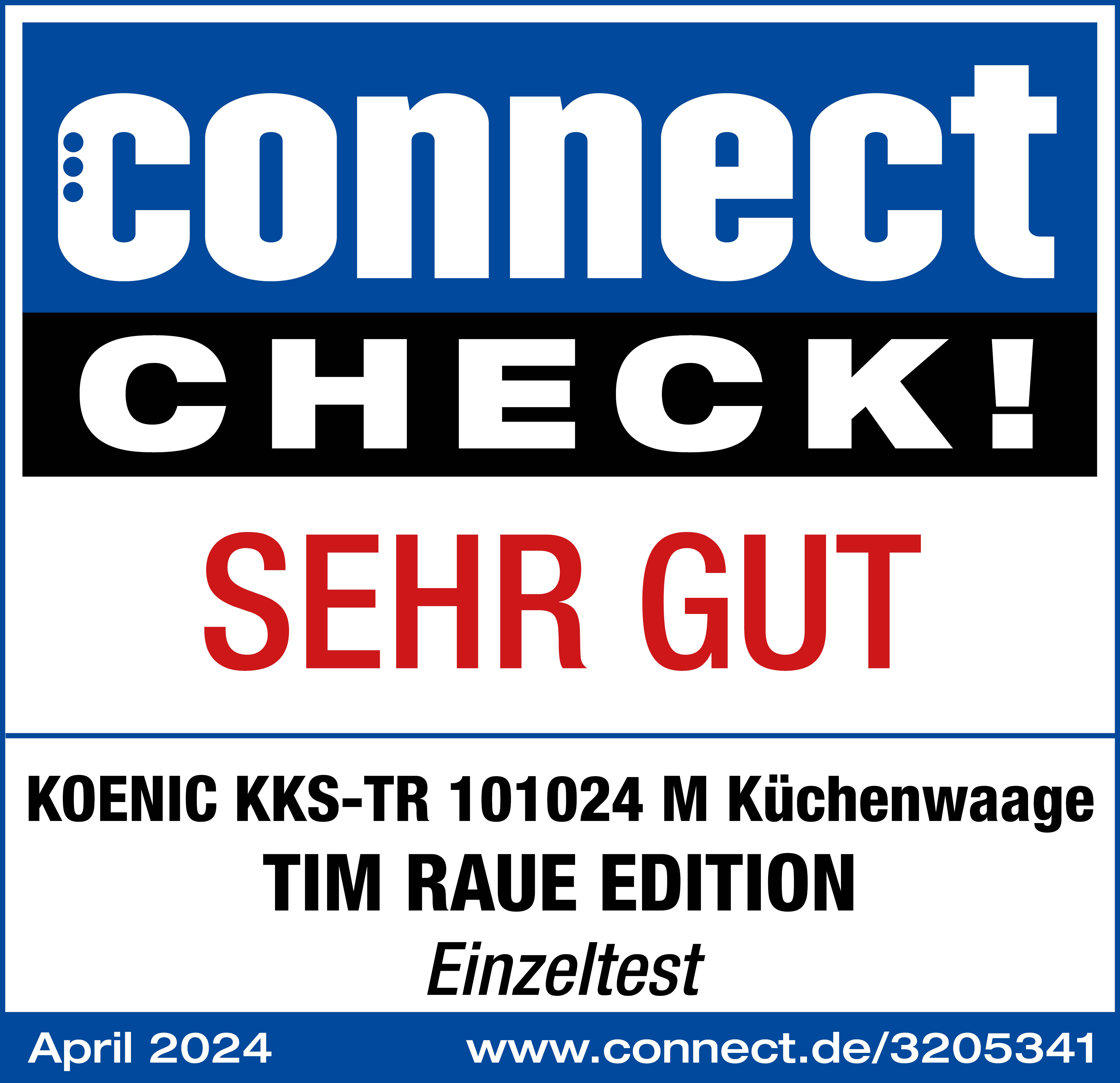 Connect CHECK!-Logo, Bewertung SEHR GUT und Details zu einem Küchenwaagen-Einzeltest vom April 2024.