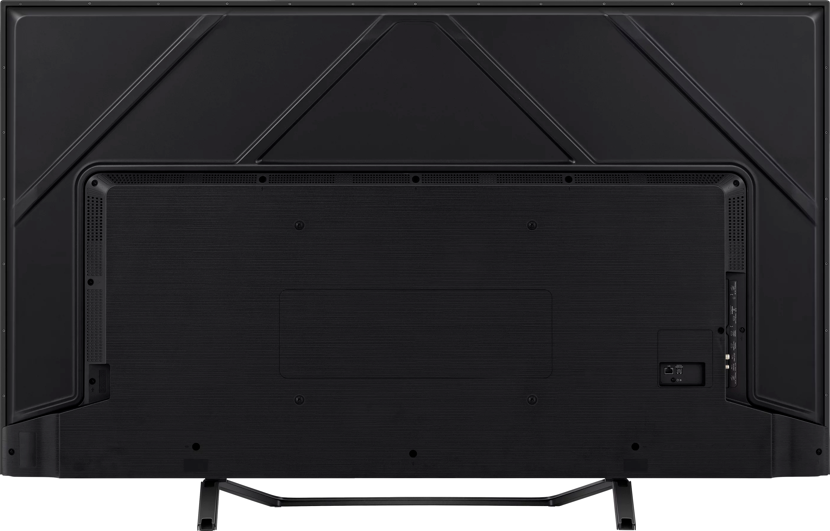 Die Rückseite eines schwarzen Fernsehers mit Ständer, die Anschlüsse und ein geometrisches Design zeigt.