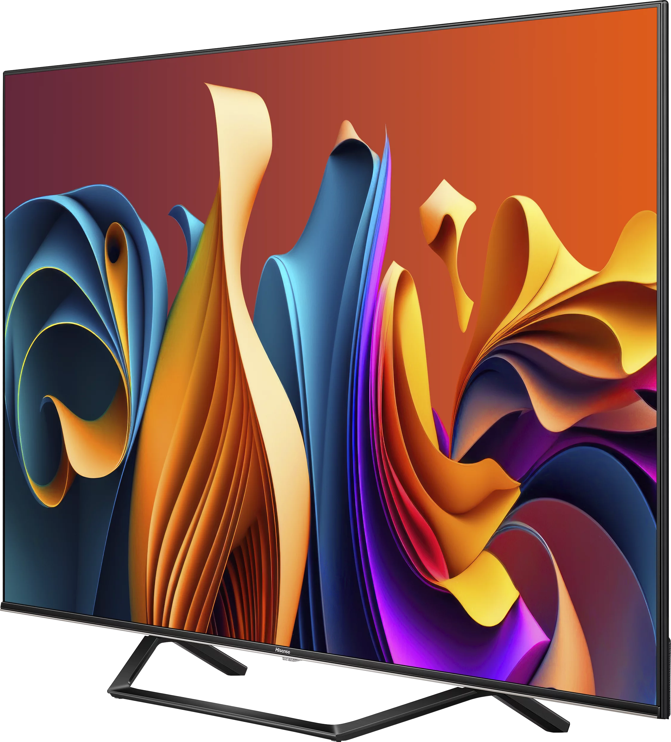 Ein großer Fernseher, der ein abstraktes, farbenfrohes Design anzeigt, seitlich abgewinkelt.