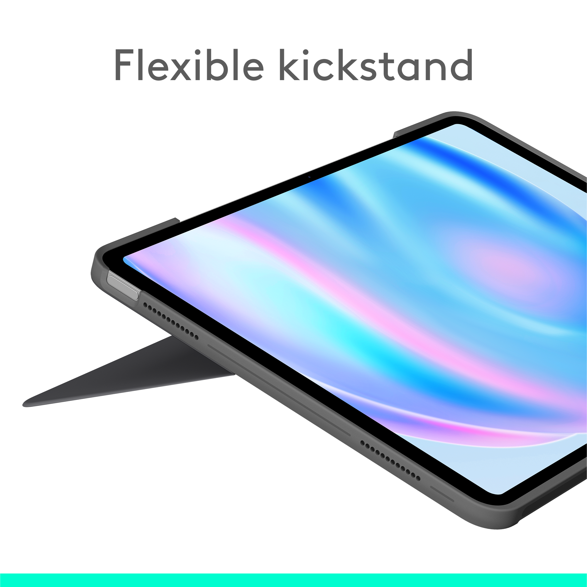 Tablet con supporto flessibile. Il tablet è angolato, il supporto è visibile.