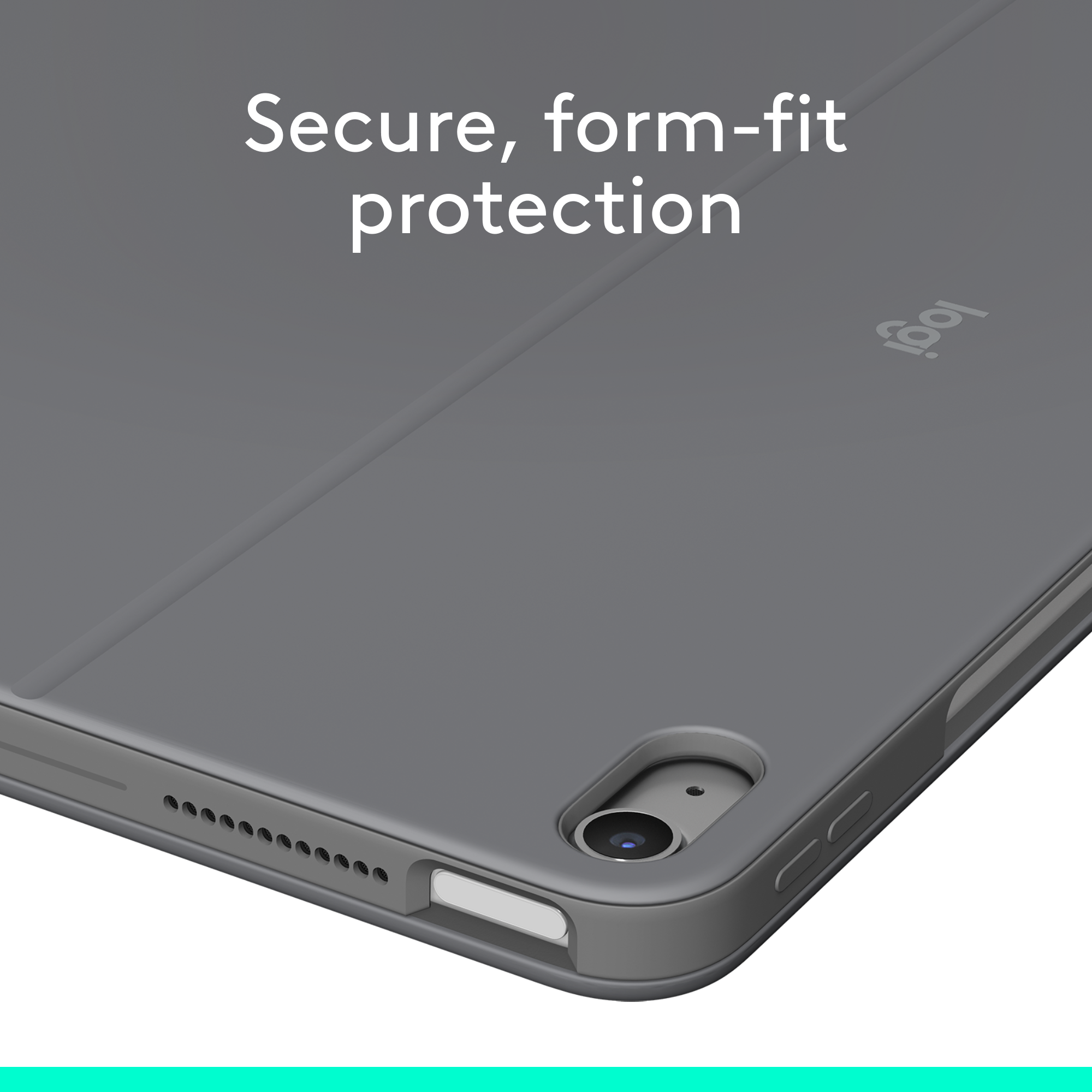 Una custodia grigia per iPad che protegge il tablet. La custodia dice 'Protezione sicura e su misura'.