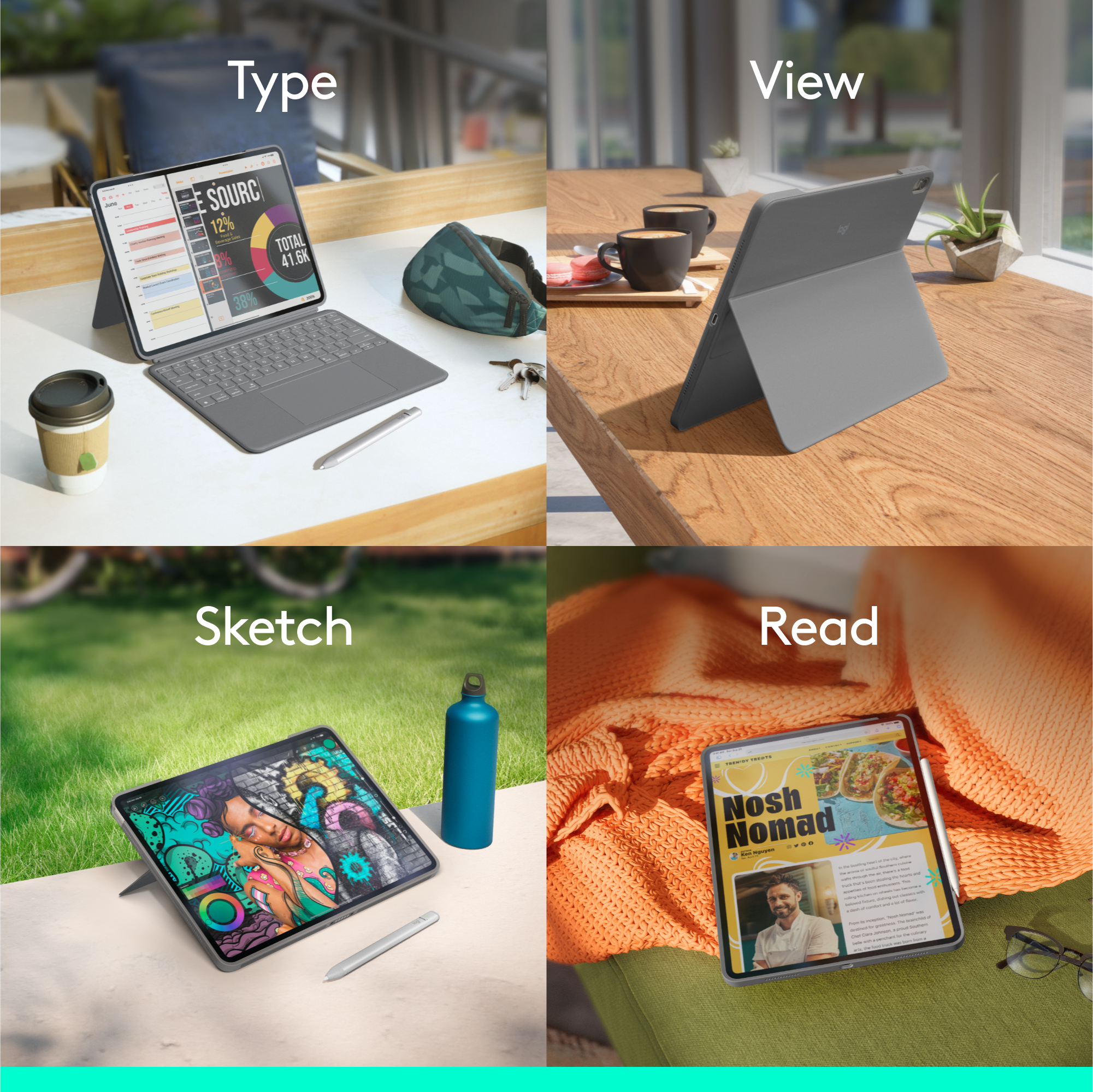 Quattro viste di un tablet con accessori. Diversi contesti, tra cui lettura e schizzi.