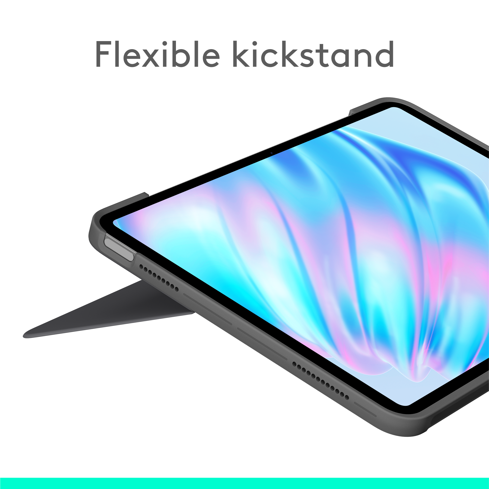 Ein graues Tablet mit flexiblem Ständer und bunten Displaygrafiken.