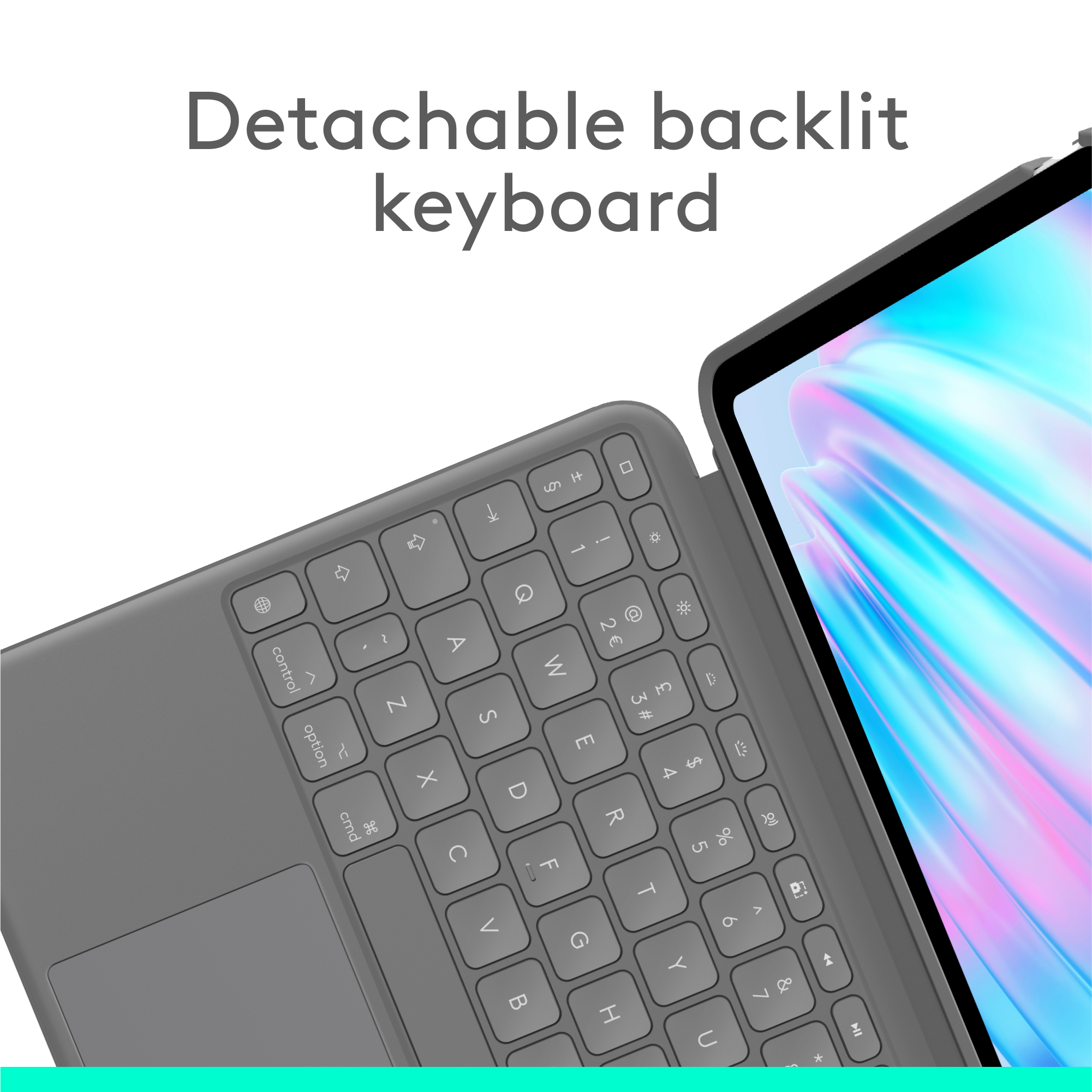 Graue abnehmbare Tastatur und Tablet mit blau-pinkem Bildschirm und dem Text "Detachable backlit keyboard".
