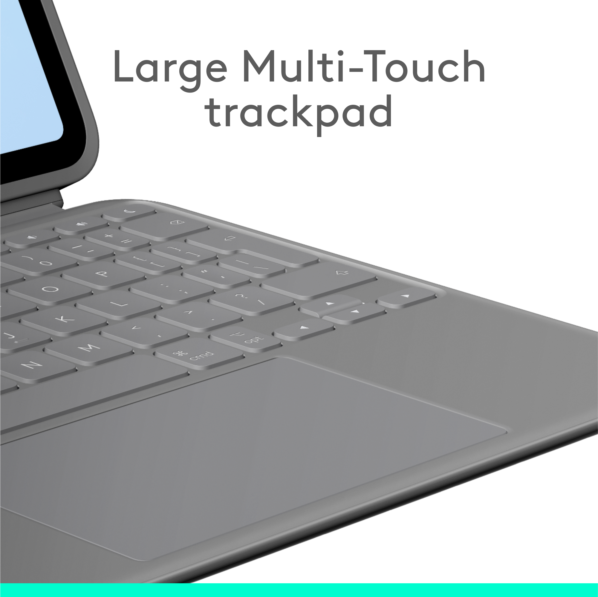 Graue Tastatur mit großem Trackpad und der Aufschrift Large Multi-Touch trackpad darüber.