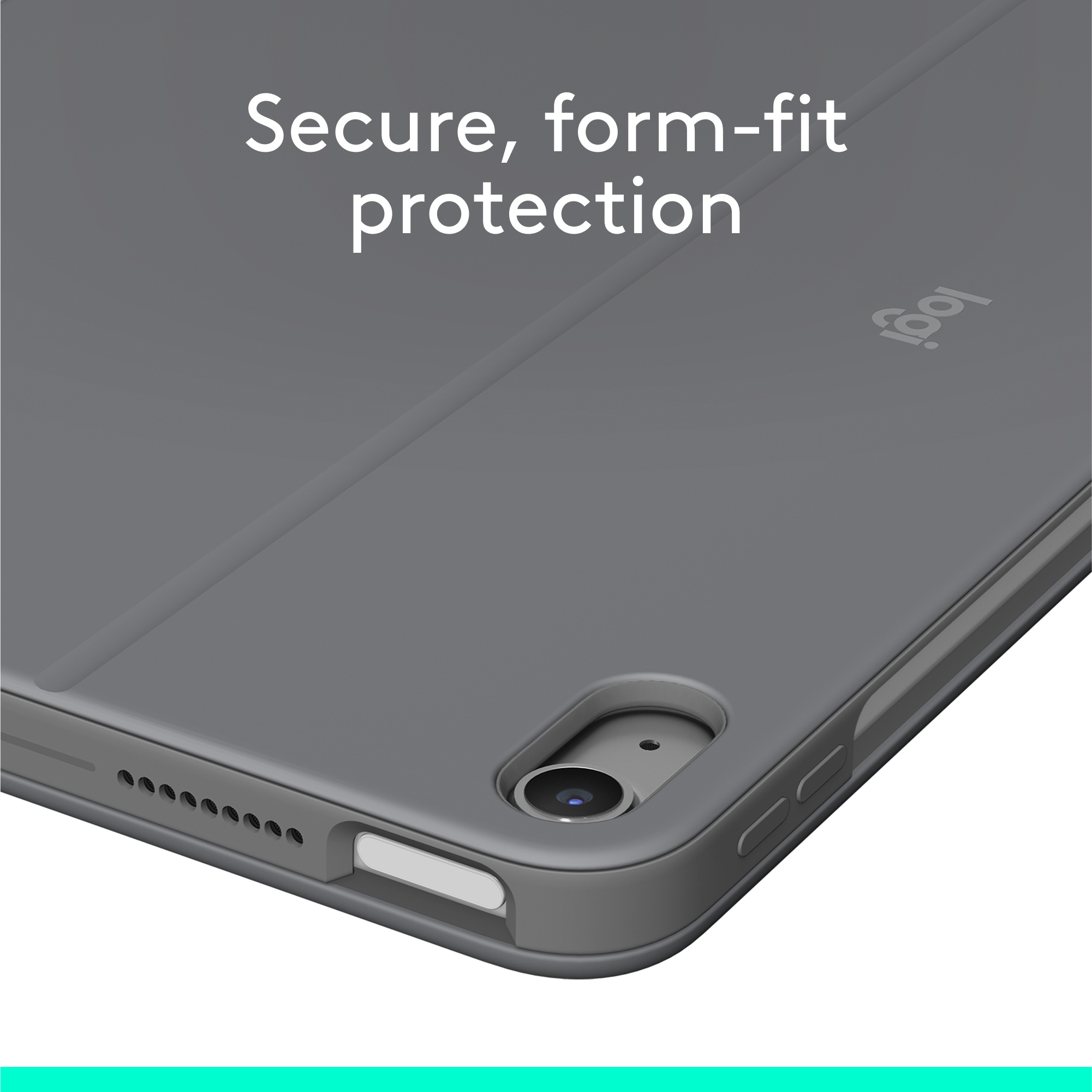 Graue Schutzhülle für ein Tablet mit Kameraaussparung und Logitech-Logo.