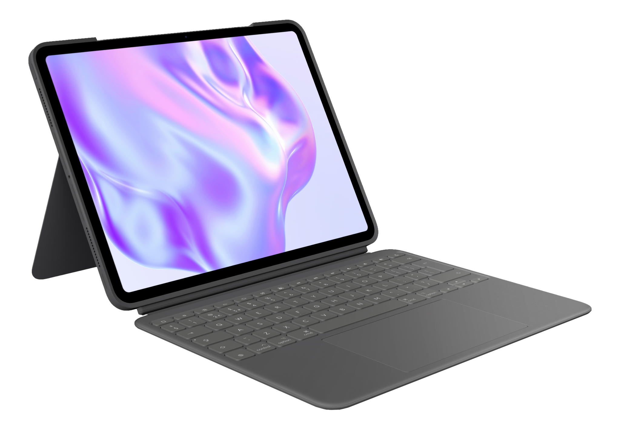 Ein Tablet mit Tastaturhülle, das den Bildschirm mit abstrakten lila und weißen Farben zeigt.