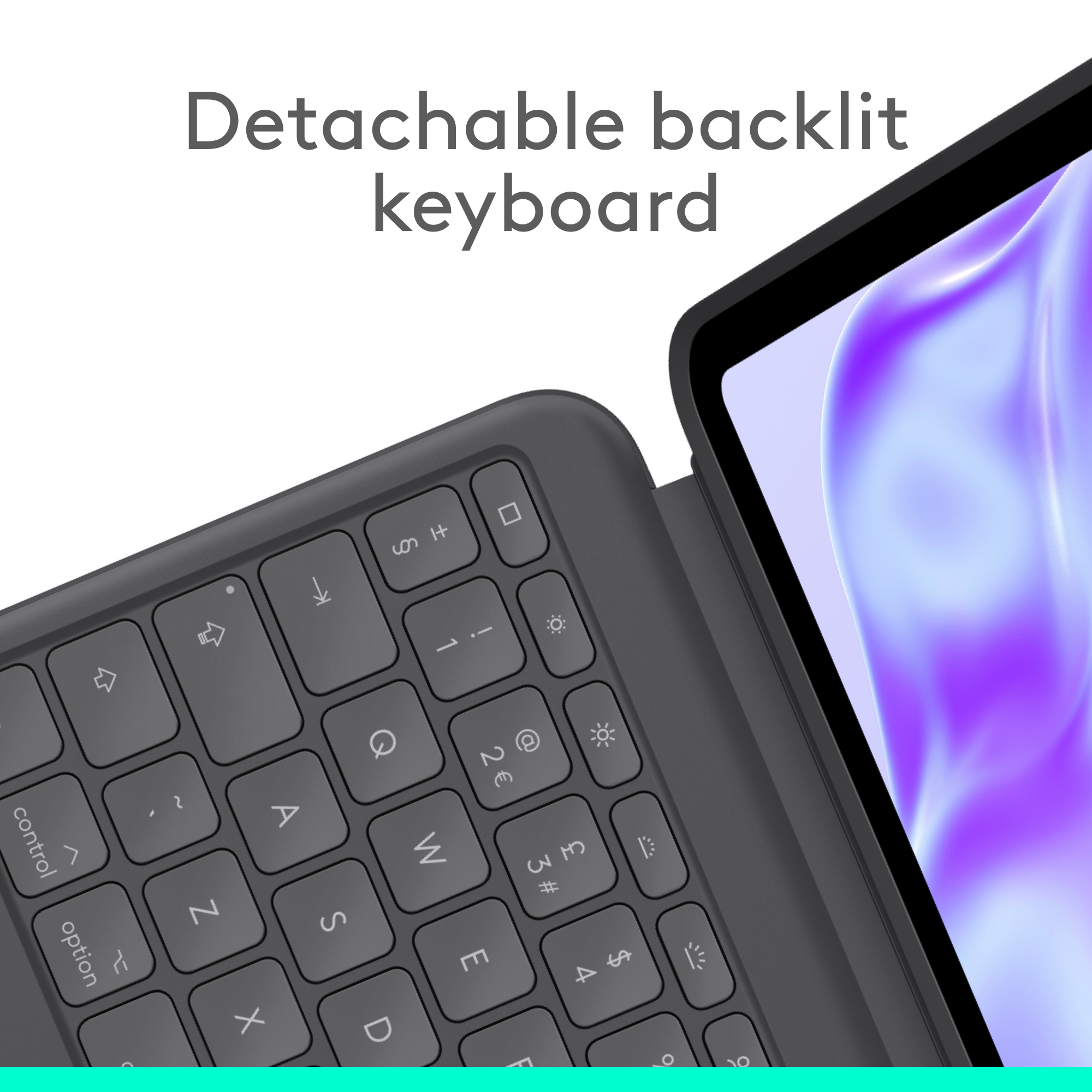 Abnehmbare Tastatur mit Hintergrundbeleuchtung, an Tablet angeschlossen. Nahaufnahme.