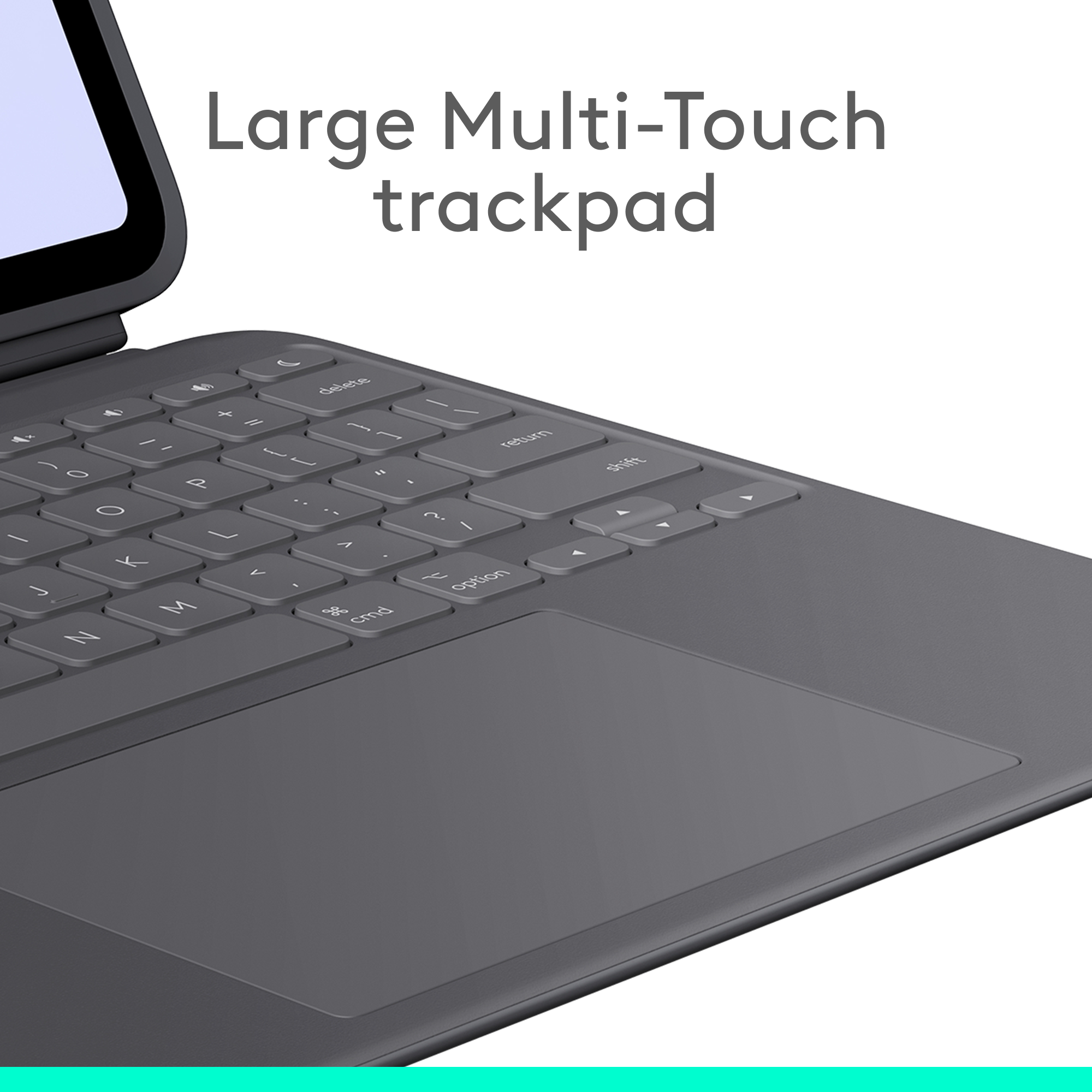 Nahaufnahme einer grauen Tastatur mit einem großen Multi-Touch-Trackpad.