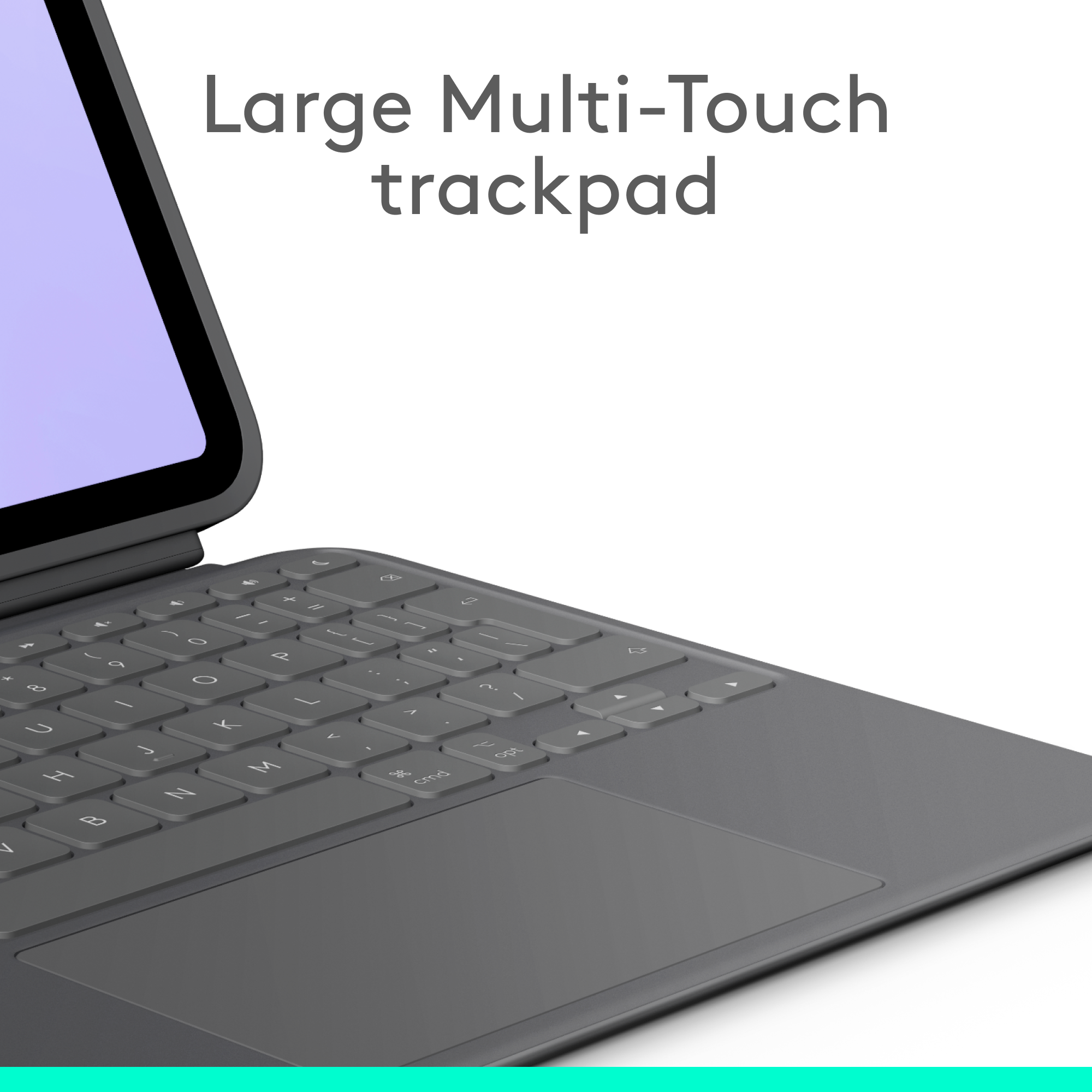 Primo piano di una tastiera grigia con un ampio touchpad e schermo a sinistra. Testo: Trackpad Multi-Touch grande.