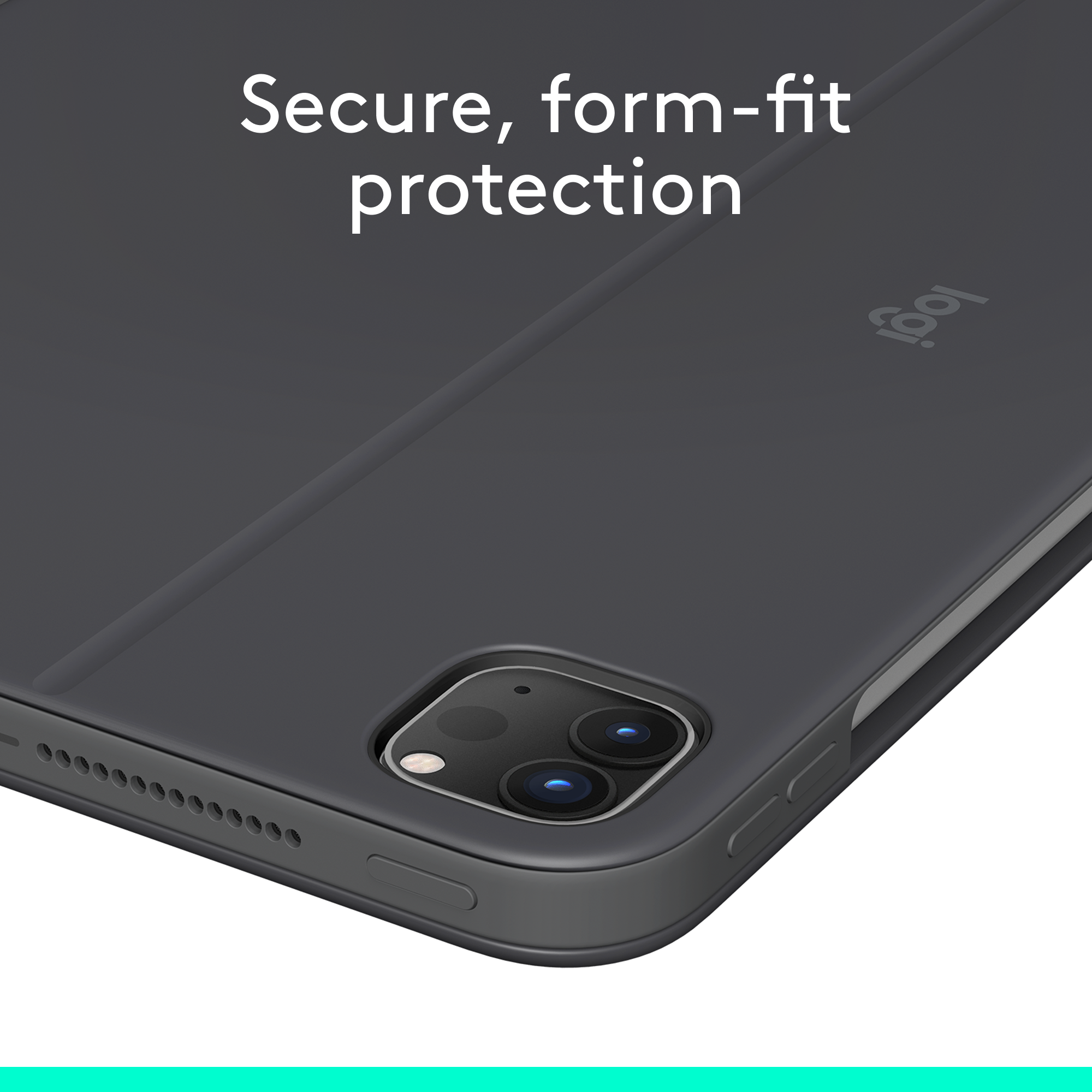 Primo piano di una custodia per tablet grigio scuro con fotocamera, fori per altoparlanti e logo Logitech. Il testo recita: 'Protezione sicura e su misura'.