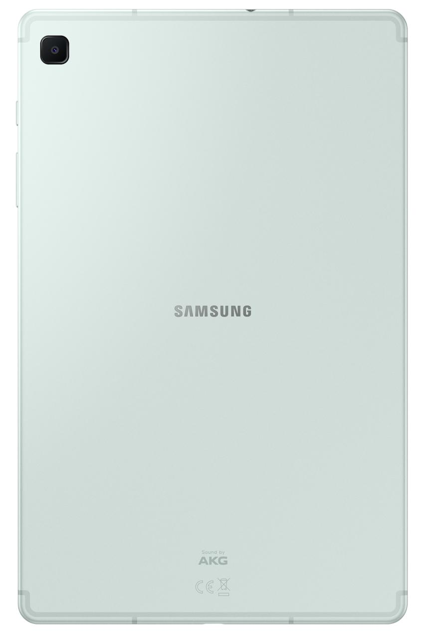 Jasnozielony tył tabletu z aparatem i logo Samsung. Tło jest białe.
