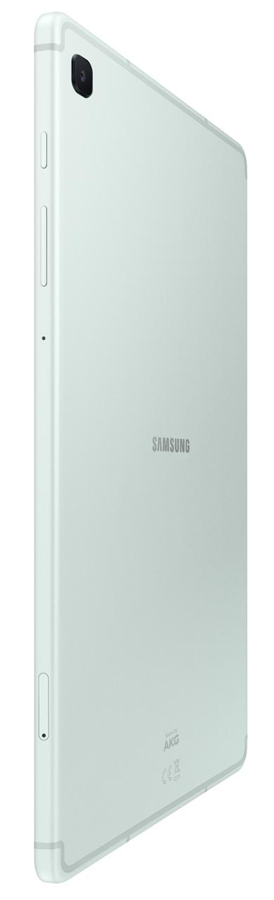 Jasnozielony tablet Samsung, widok z boku, z tyłem i logo Samsung.