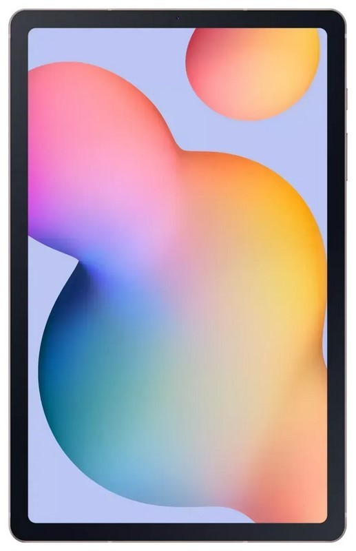 Tablet z kolorowymi, abstrakcyjnymi kształtami na ekranie. Czarna ramka otacza wyświetlacz.