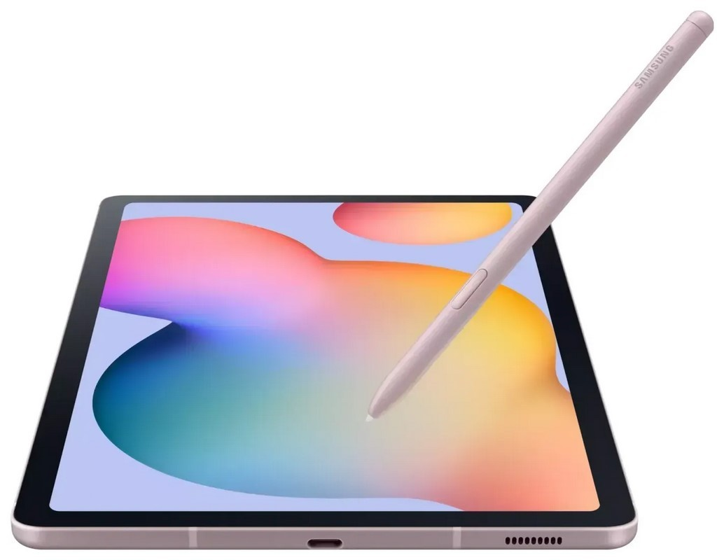 Tablet z rysikiem, pod kątem. Tablet ma jasnofioletowy ekran. Białe tło.