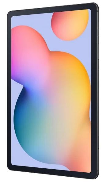 Tablet, czarna ramka, z kolorową abstrakcyjną tapetą.